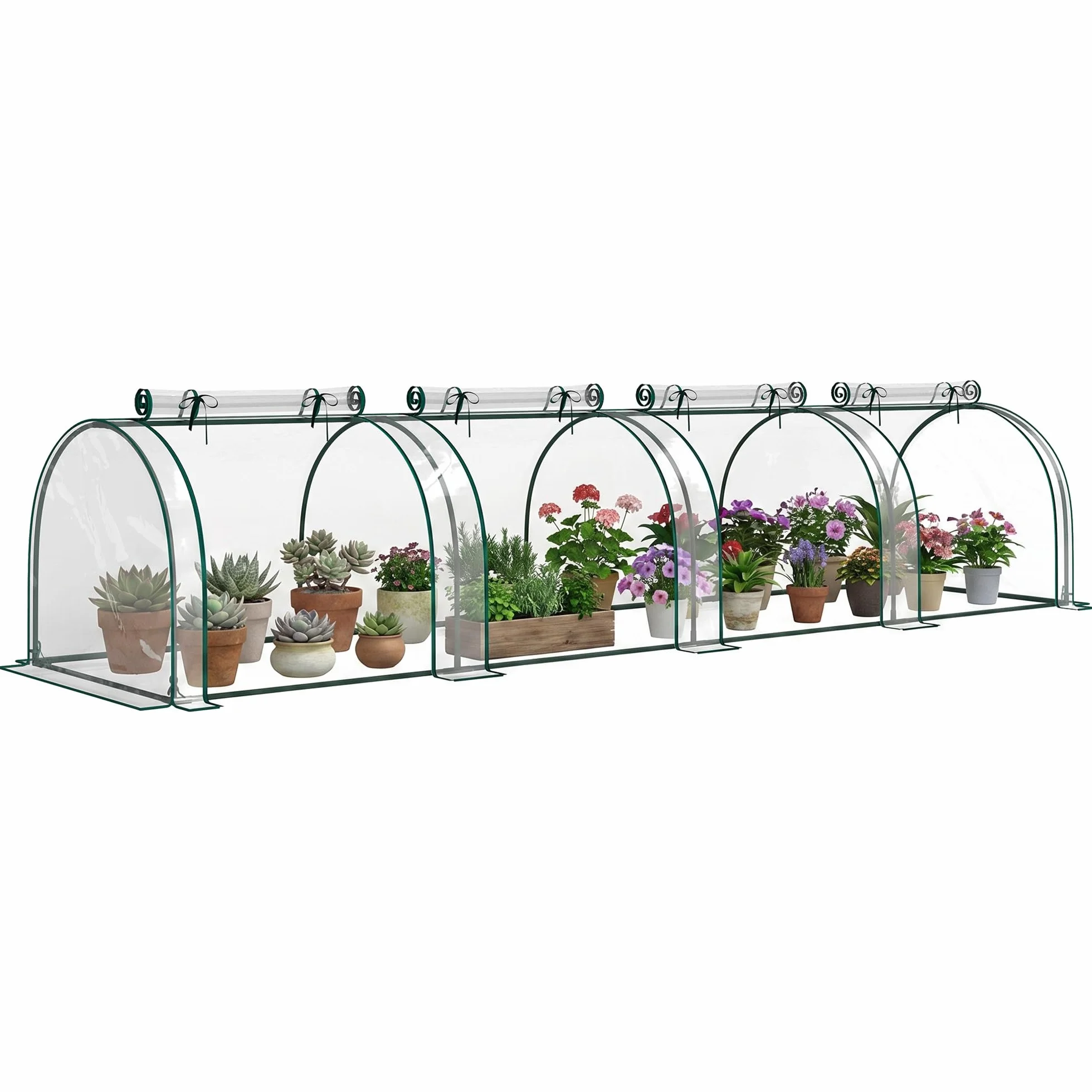 Outsunny Mini Serre de Jardin, Mini Serre Tunnel, Serre à Tomates 3,95L x 1l x 0,8H m, Acier, PVC Haute Densité Anti-UV, 4 Fenêtres avec Zip Enroulables, Vert et Transparent