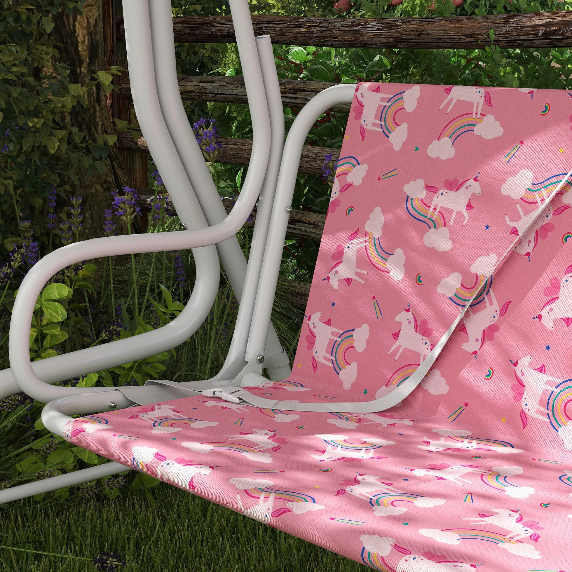 Balancelle de jardin pour enfants 2 places avec auvent réglable et ceintures de sécurité, motif licorne et arc-en-ciel, 112 x 75 x 120 cm, rose