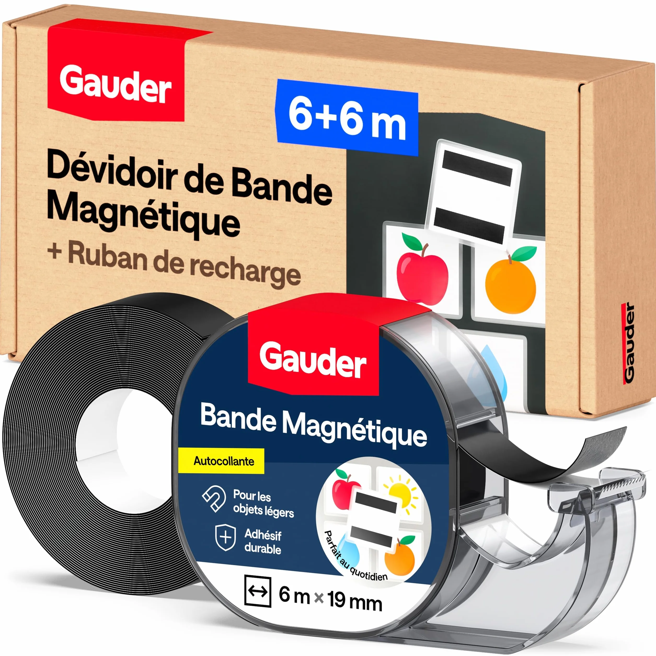 GAUDER Bande Magnétique Autocollant 6 m x 19 mm avec Distributeur pour Objets Légers et Photos