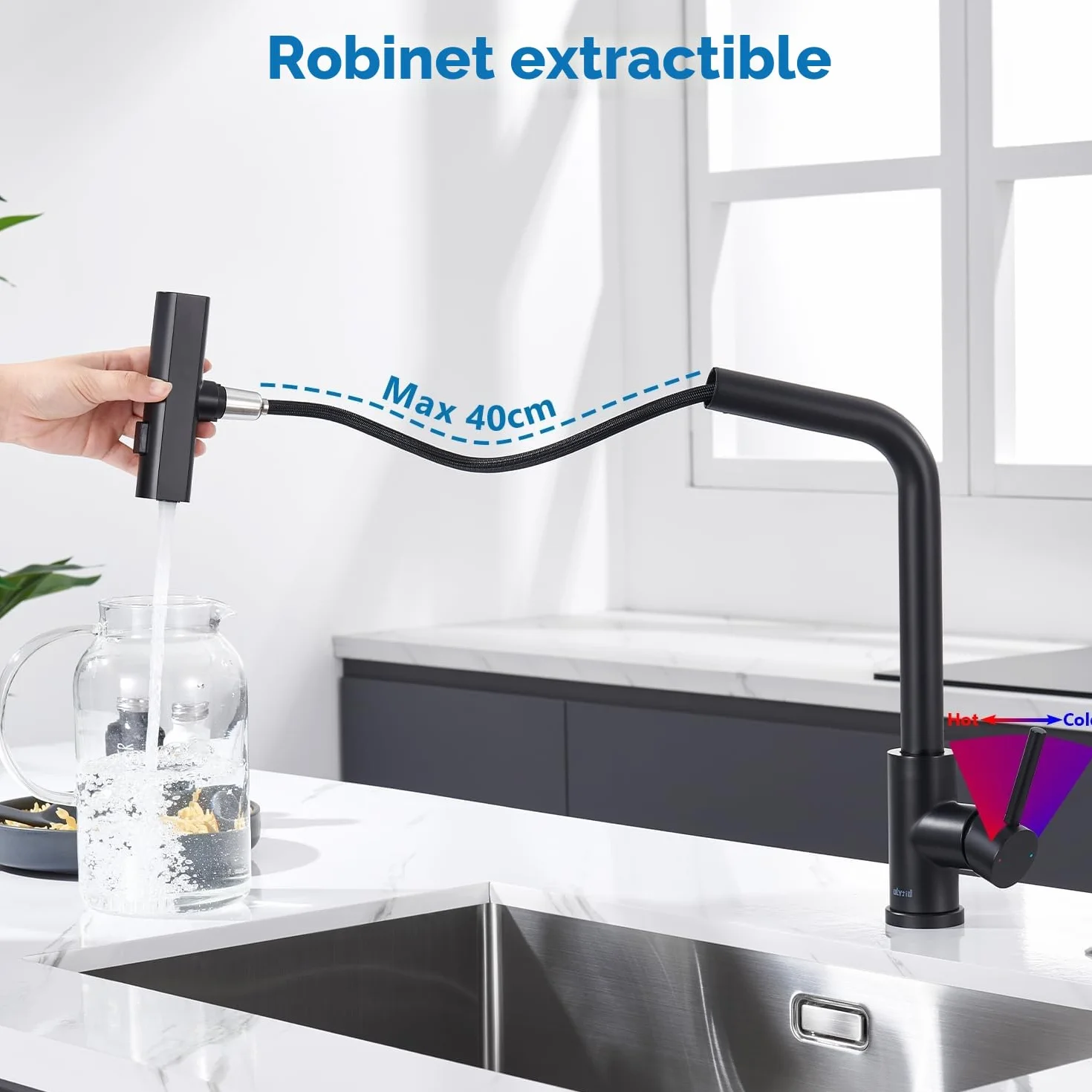 Mitigeur Cuisine Noir Cascade, Douchette Extractible 3 Modes, Robinetterie Evier Escamotable Rotatif 360° Acier Inoxydable