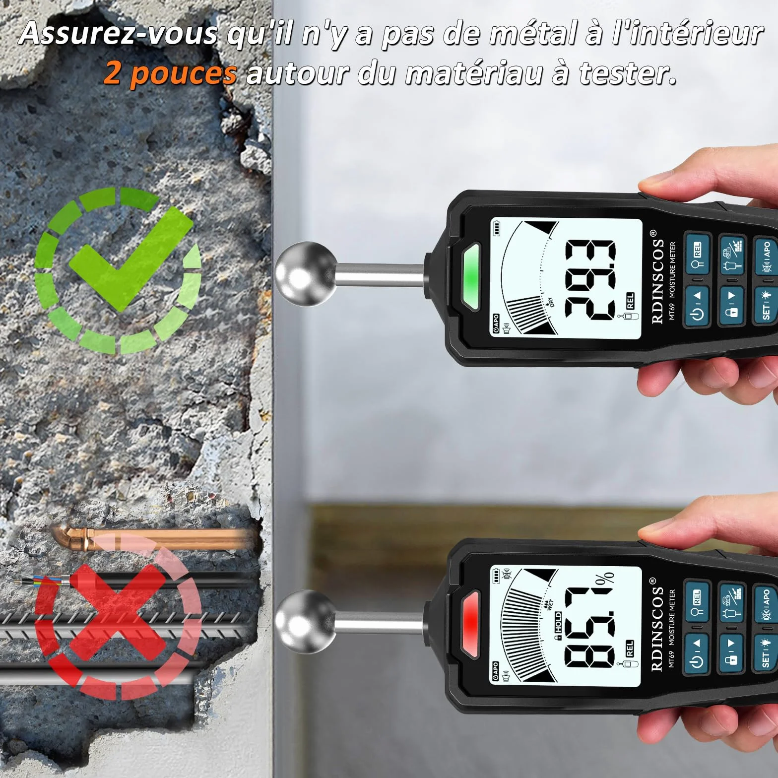 RDINSCOS Testeur Humidité 2 en 1 à Sondes Sphérique et à Aiguilles – Humidimètre pour Bois, Mur, Béton, Plâtre, Écran LCD, Détection 20-40 mm
