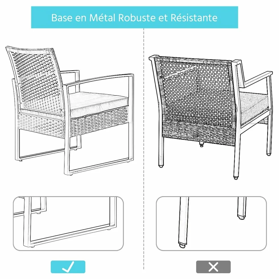 Yaheetech Salon de Jardin Exterieur 2 Fauteuils 1 Table Basse Poly Rotin Metal Noir/Kaki