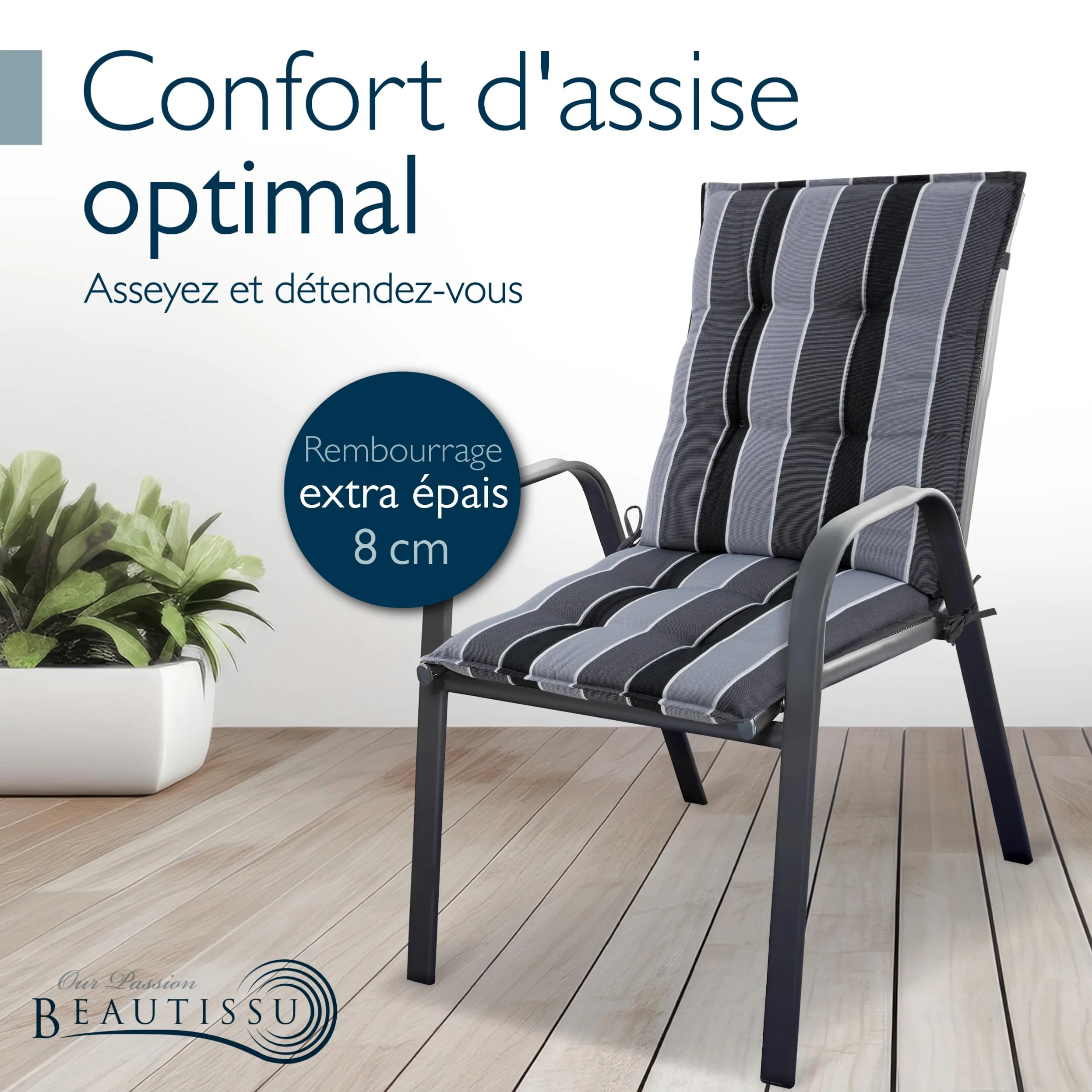 Beautissu 8X Premium Coussin Chaise Jardin Dossier Bas 100x50 cm Sun-NL – 8 cm Épaisseur Tissu Robuste Antidérapant & Résistance aux UV – Coussin Fauteuil avec Sangles Fixation Anthracite Rayé