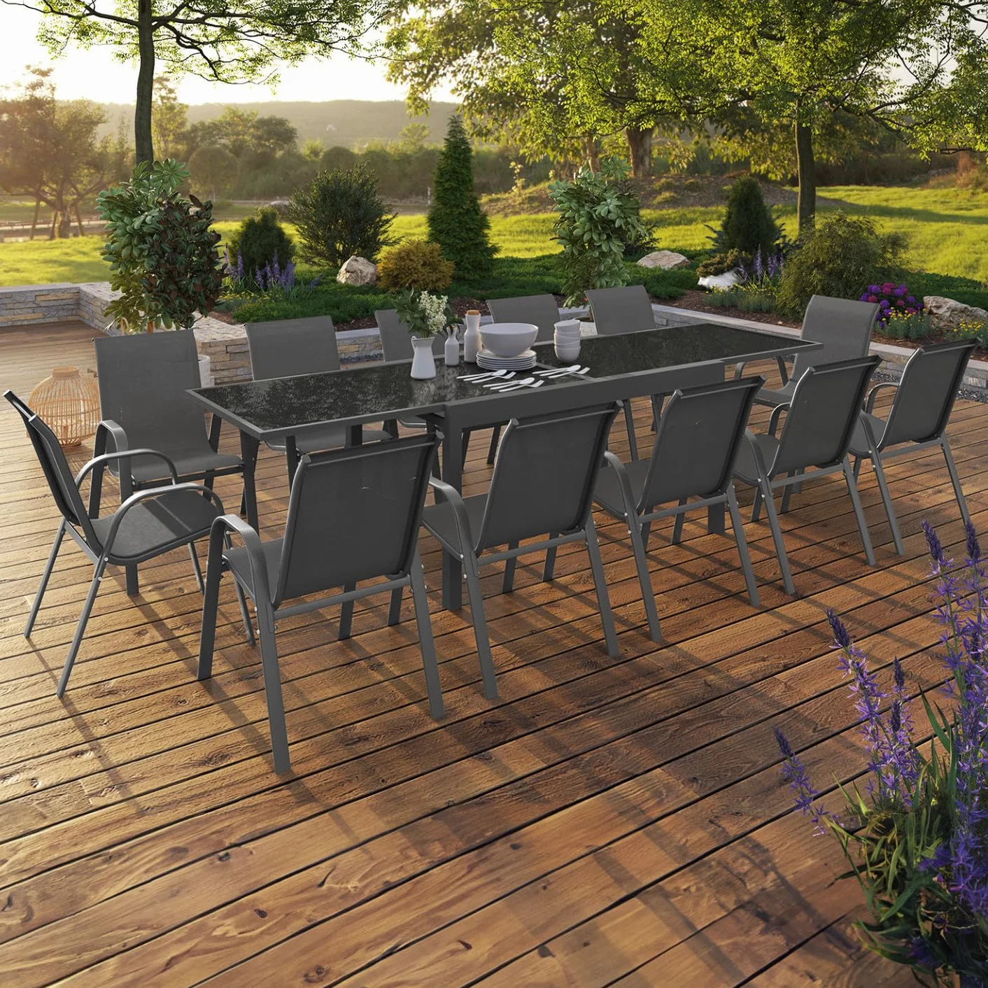 Salon de Jardin Madrid Table Extensible Gris Anthracite 135-270 CM 12 Chaises Empilables