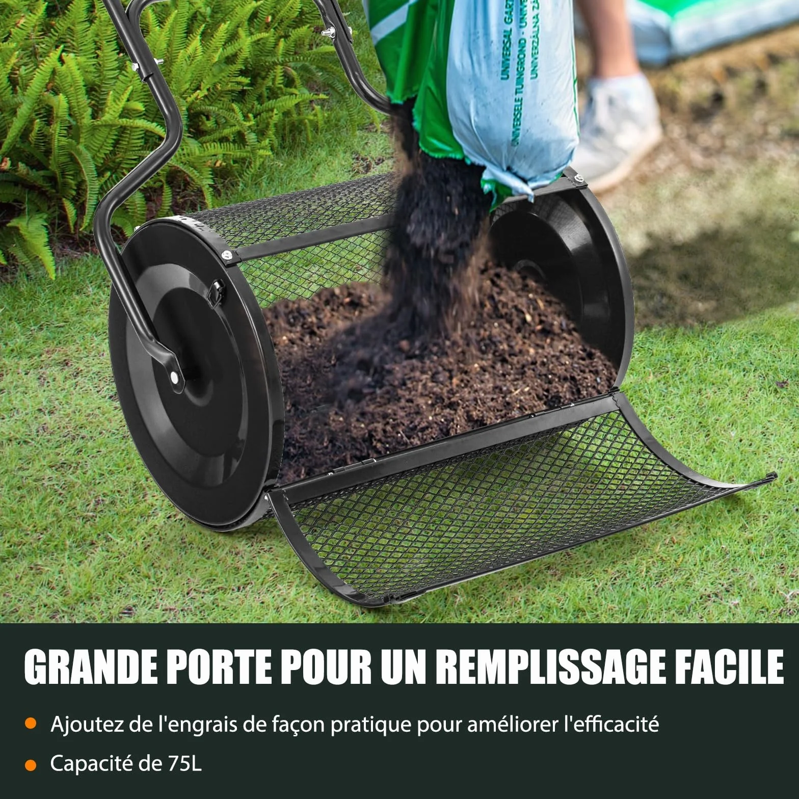 GOPLUS Épandeur de Compost d68cm pour Pelouses et Jardin, Capacité 75L, Épandeur en Treillis Métallique avec Double Loquets Latéraux, Épandeur de Fumier, de Terreau et de Paillis Roulant (Noir)