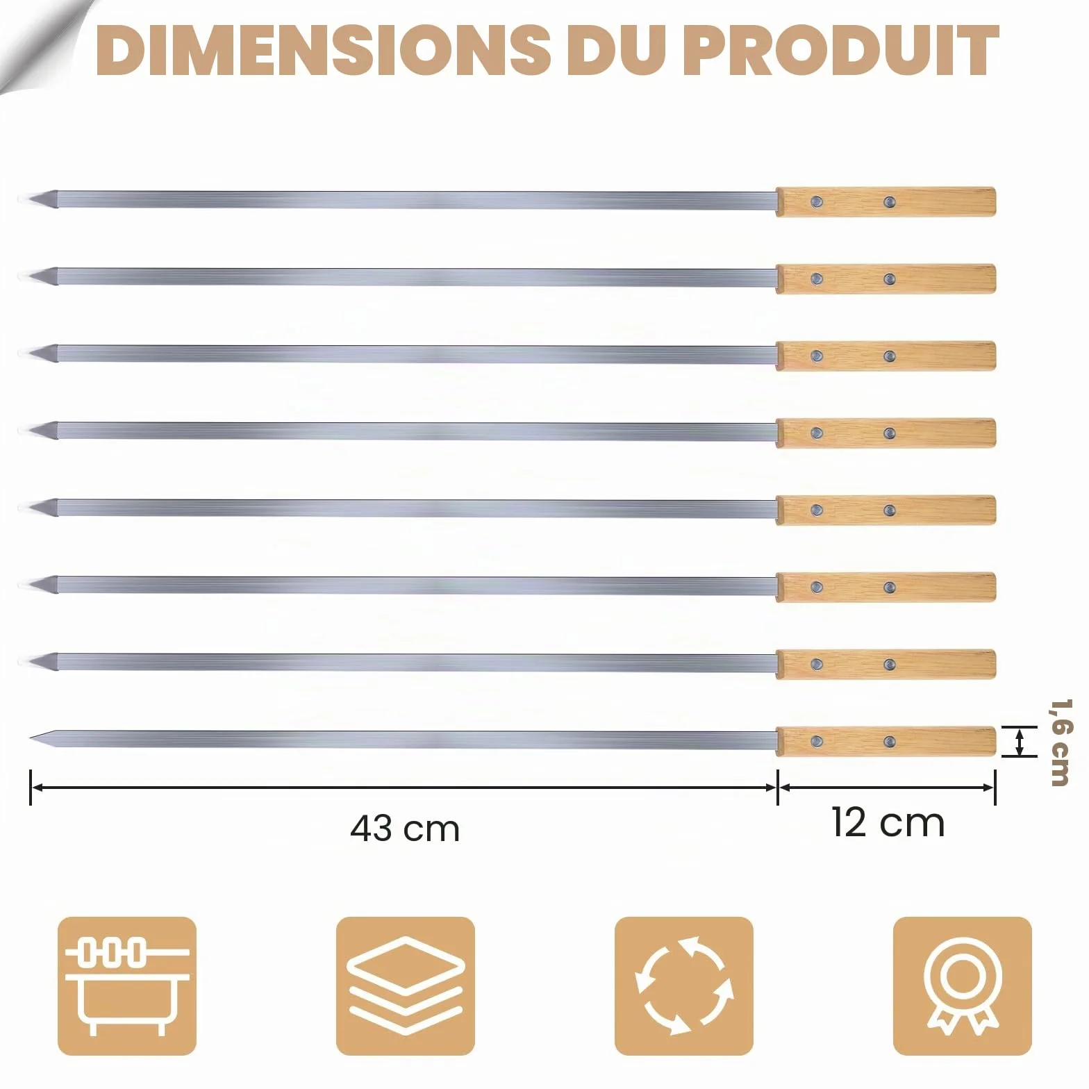 Brochettes Barbecue Inox 55cm avec Poignées Bois Hêtre, Accessoire Kebab