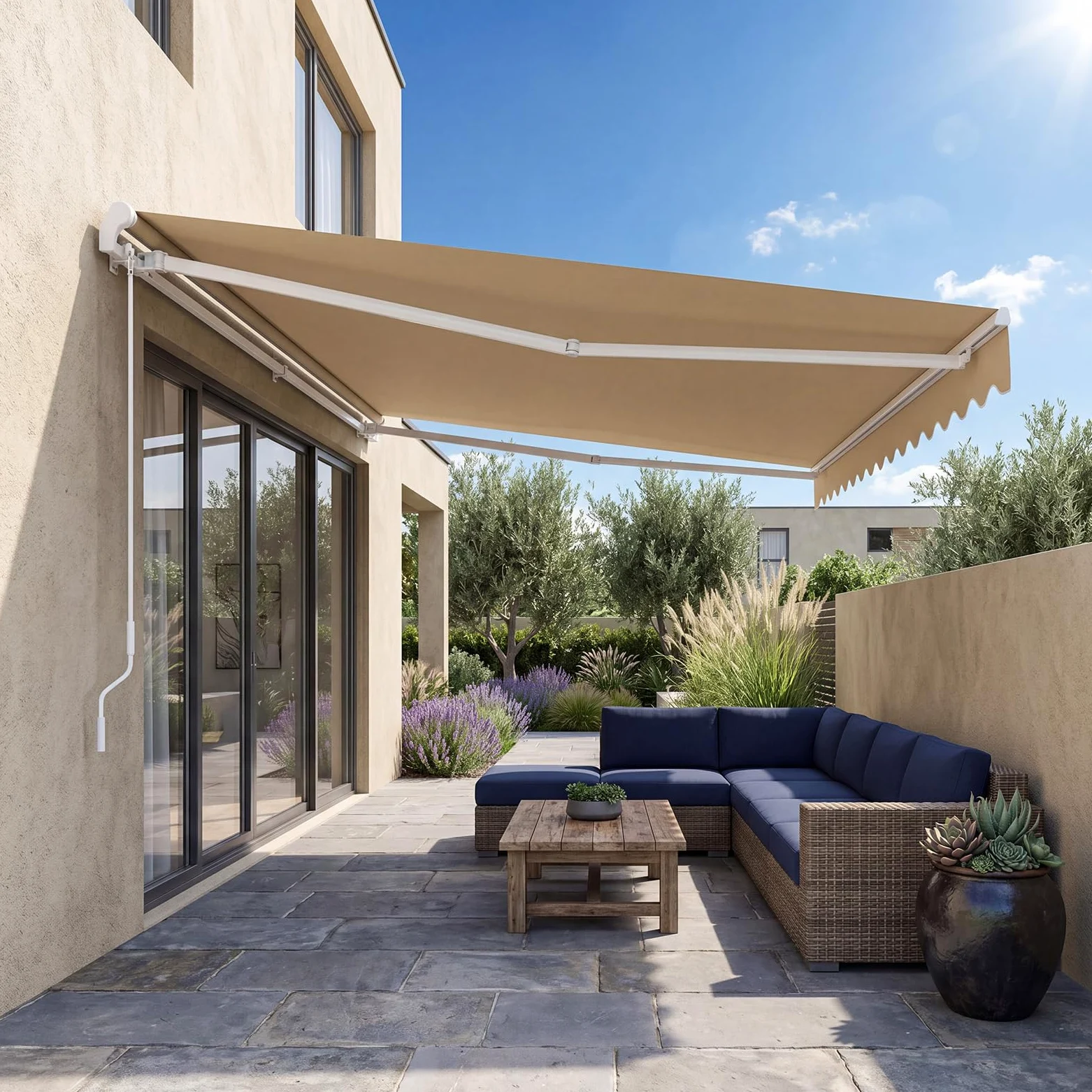 GOPLUS Store Banne Manuel 3,6Mx3M, Auvent de Terrasse Extérieur et Tissu Résistant aux UV avec Manivelle et Angle Réglable 5-35°pour Patio,Balcon,Terrasse(Beige)