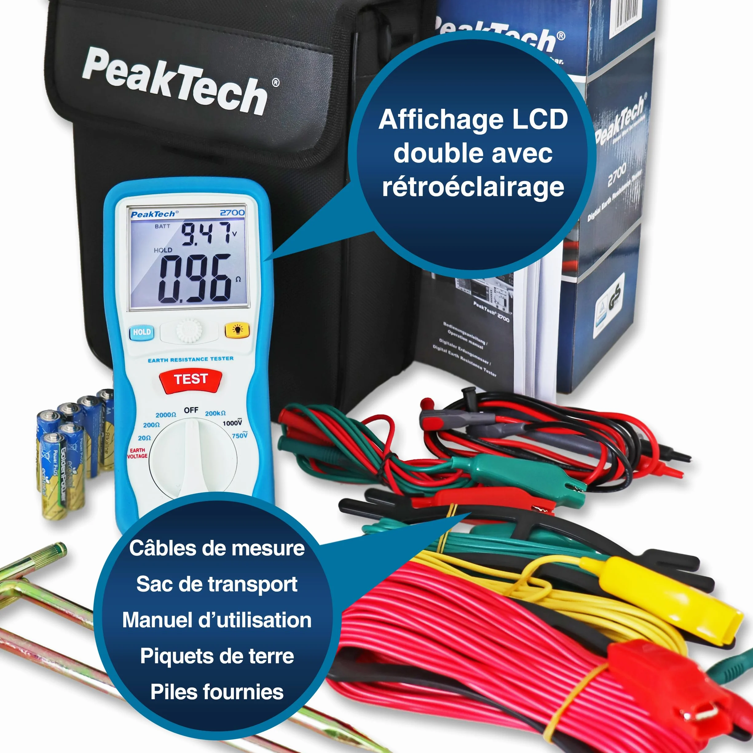 PeakTech 2700 Numérique Mesureur de Résistance de Terre CAT III 1000 V Double Affichage LCD
