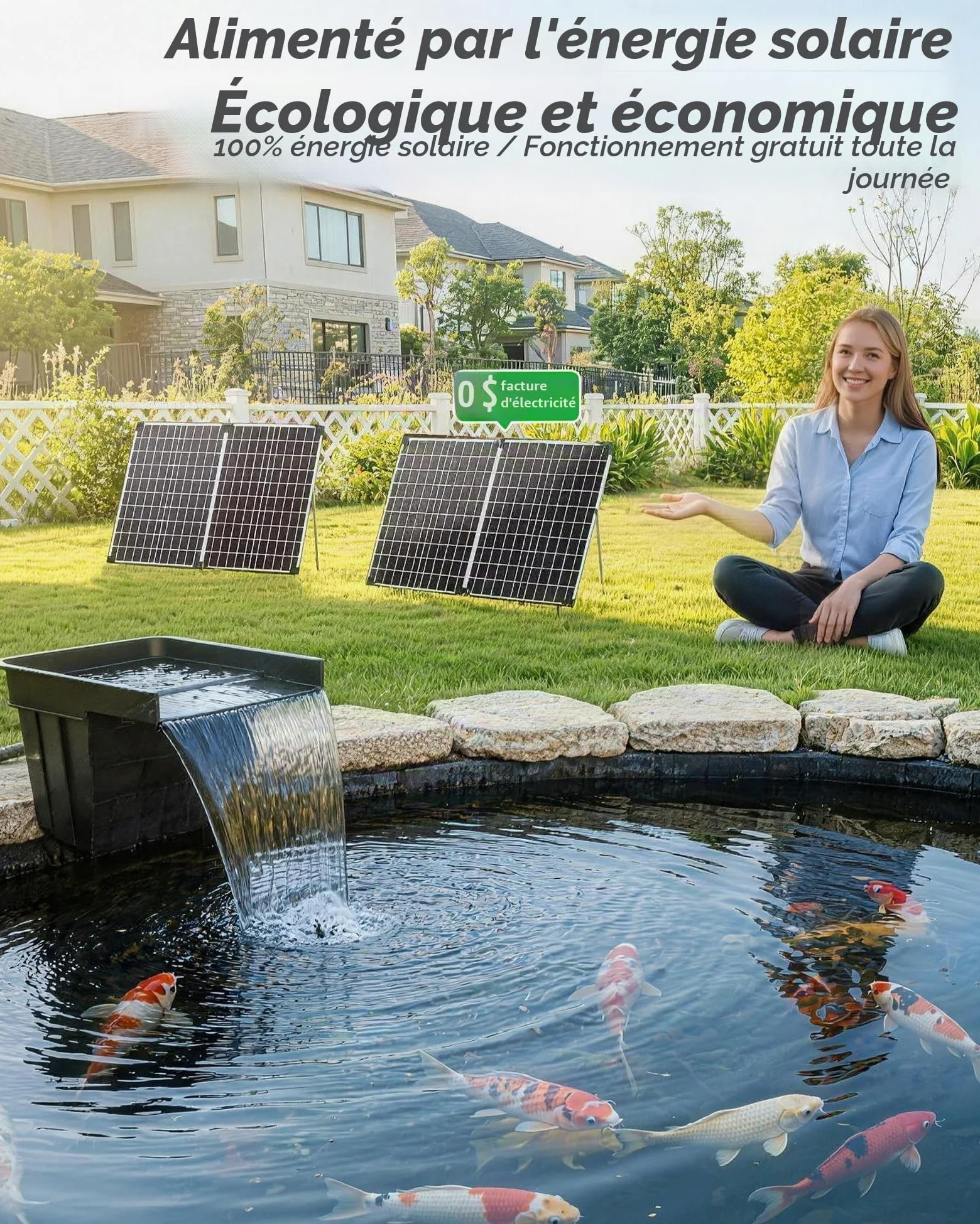 POPOSOAP Cascade d’étang solaire avec panneau solaire 120W & pompe 6000 L/h, tuyau ondulé 3m, média filtrants, cascade pour étang de jardin extérieur, ruisseaux