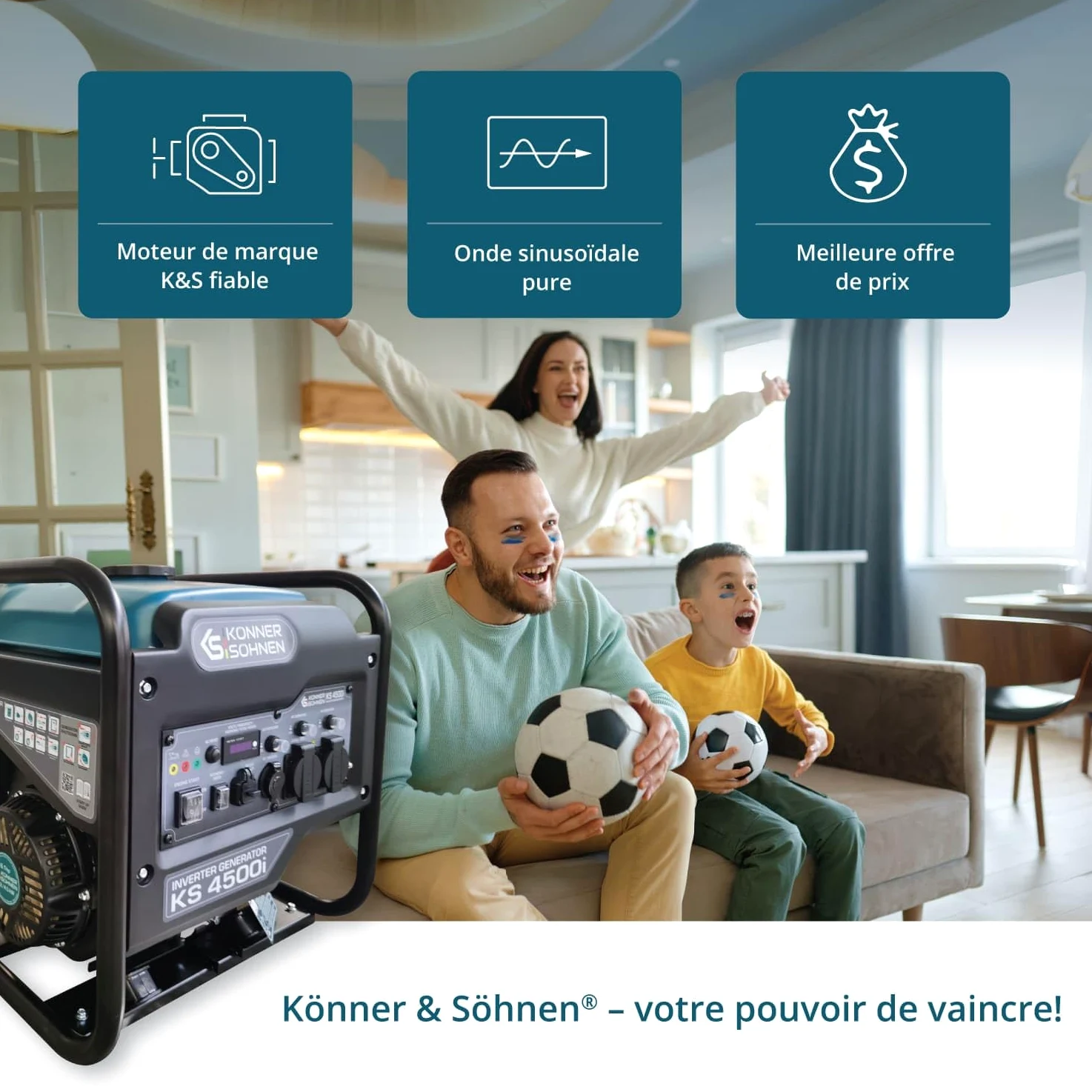 K&S Könner&Söhnen KS 4500i Groupe électrogène essence onduleur 4500 W, USB QC 3.0, Type-C, Générateur à essence avec mode éco, écran LED, 4 temps, 12 V, générateur à onduleur