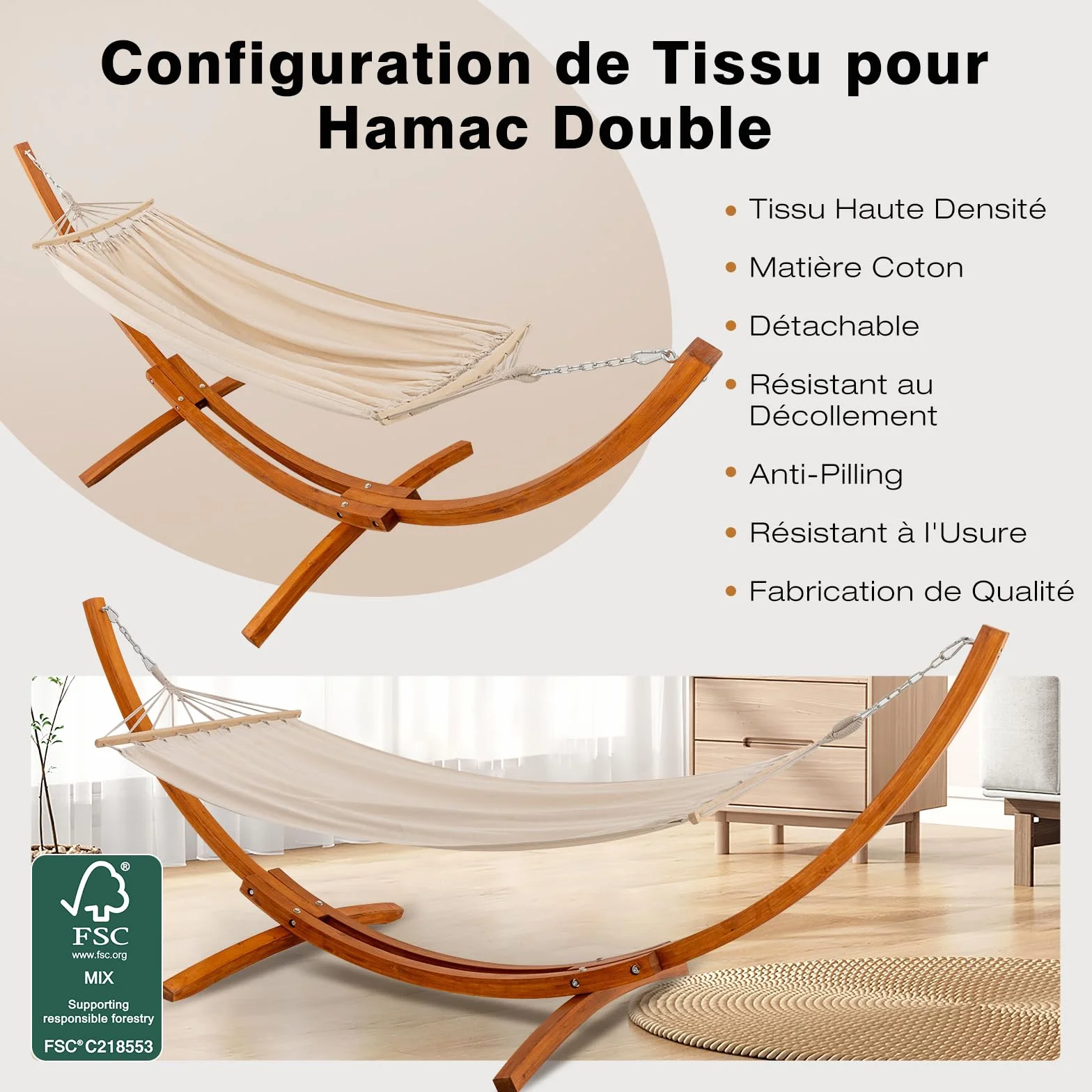 Hamac avec Support en Bois 2 Hamacs Inclus 200 kg 320×120×120 cm Ajustable Jardin Terrasse Balcon