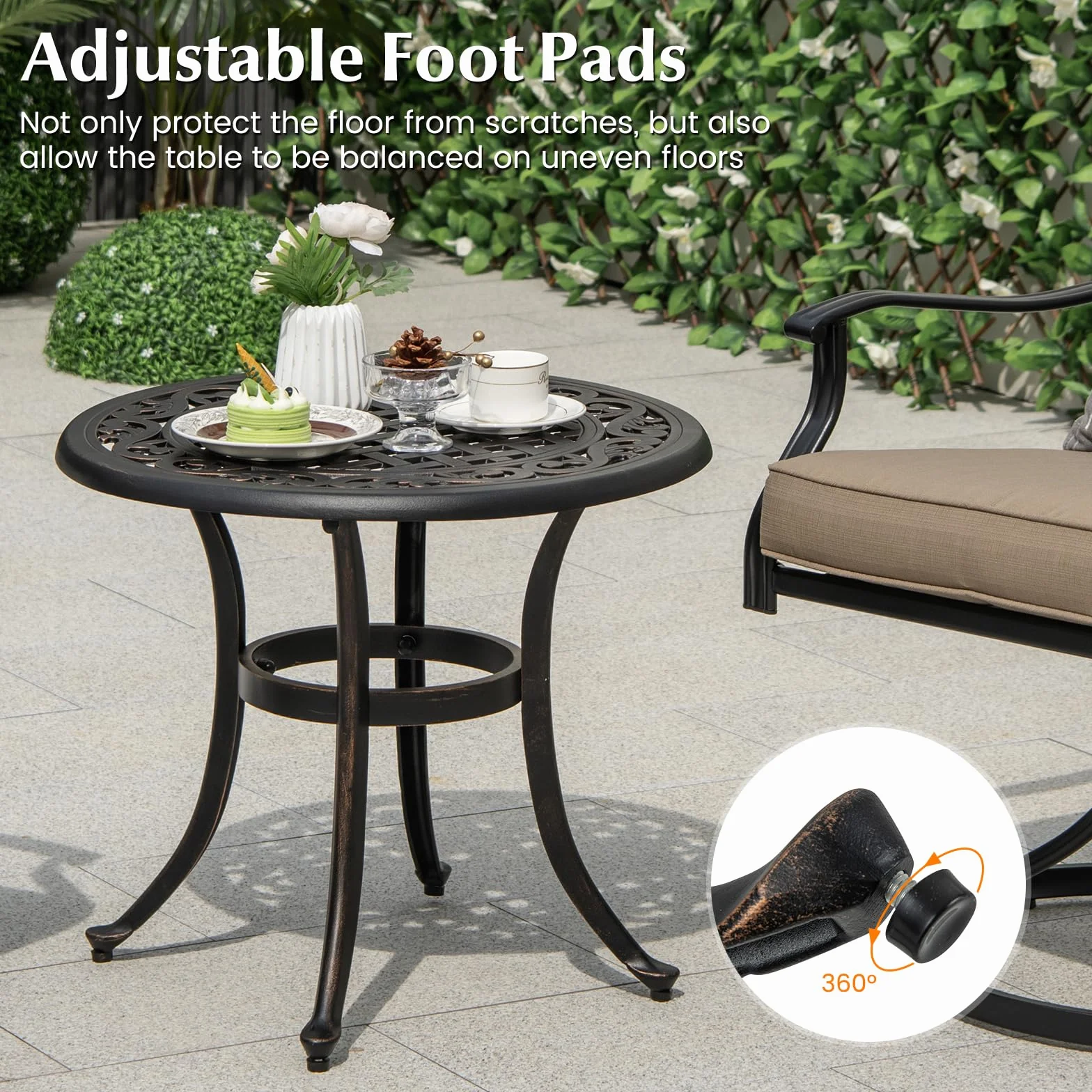 GIANTEX Table de Jardin Fonte d'Aluminium Ronde Bistrot Coussinets Réglables Bronze Antique