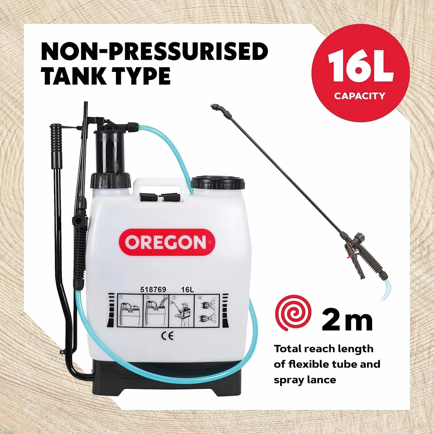 Oregon - Pulvérisateur à Dos de Jardin pour Désherbant/Produits avec Lance et 2 Buses de Pulvérisation Réglables, 16 Litres