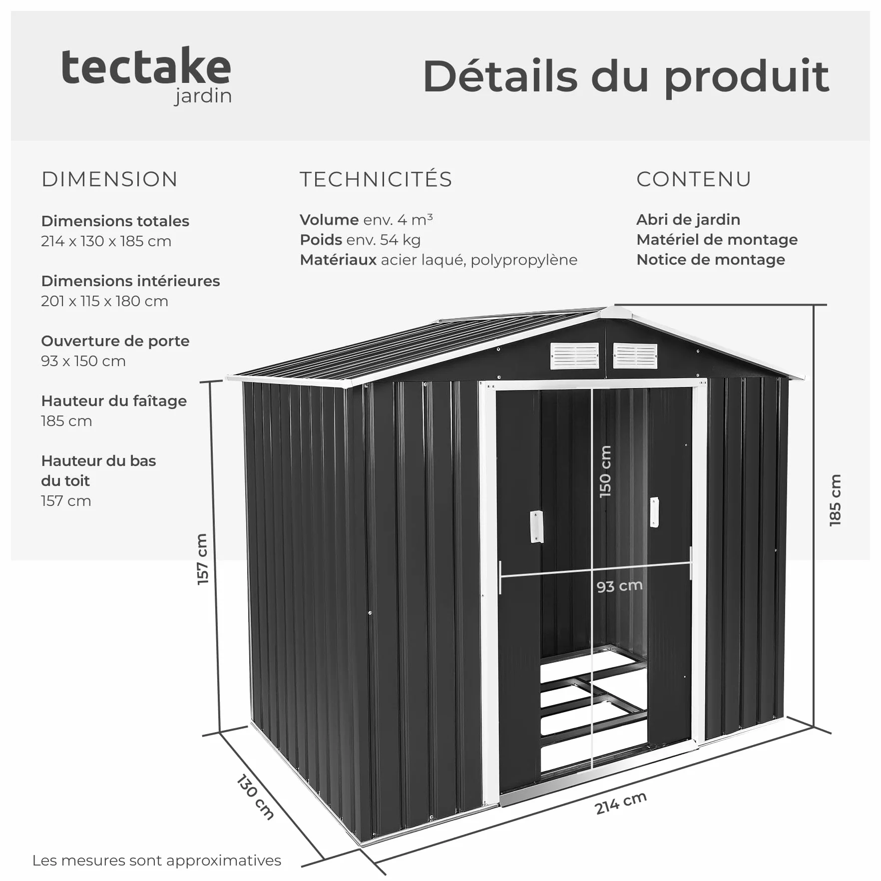 tectake® Abri de Jardin en métal 4.2m³, Cabane de Jardin à Outils, Toiture 2 pans avec Fondation, Rangement et Stockage extérieurs Moto Vélo Tondeuse Brouette Outils de Jardinage, 214 x 130 x 185 cm