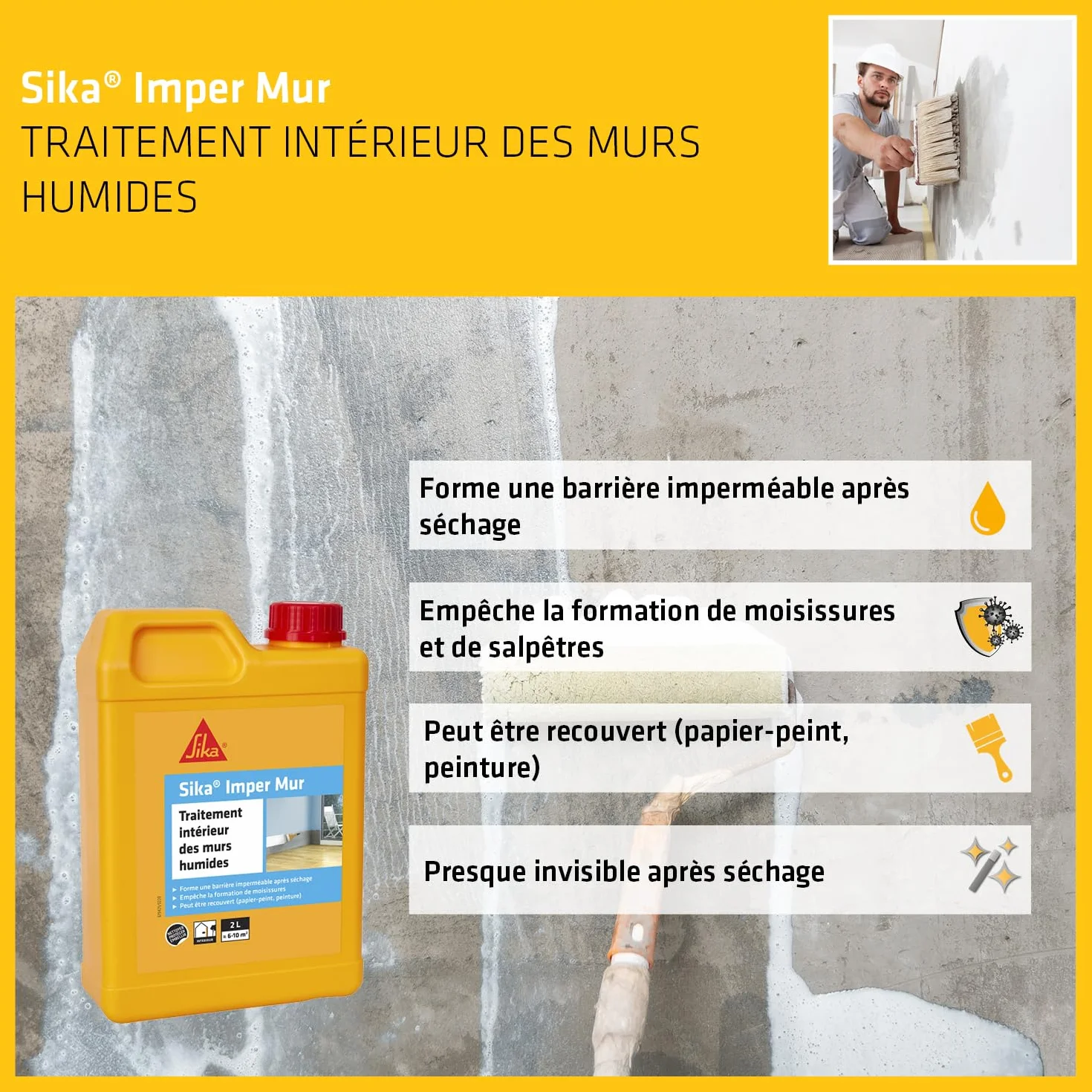 Sika Imper Mur Résine Traitement Murs Humides Anti-salpêtre Anti-moisissures 2L