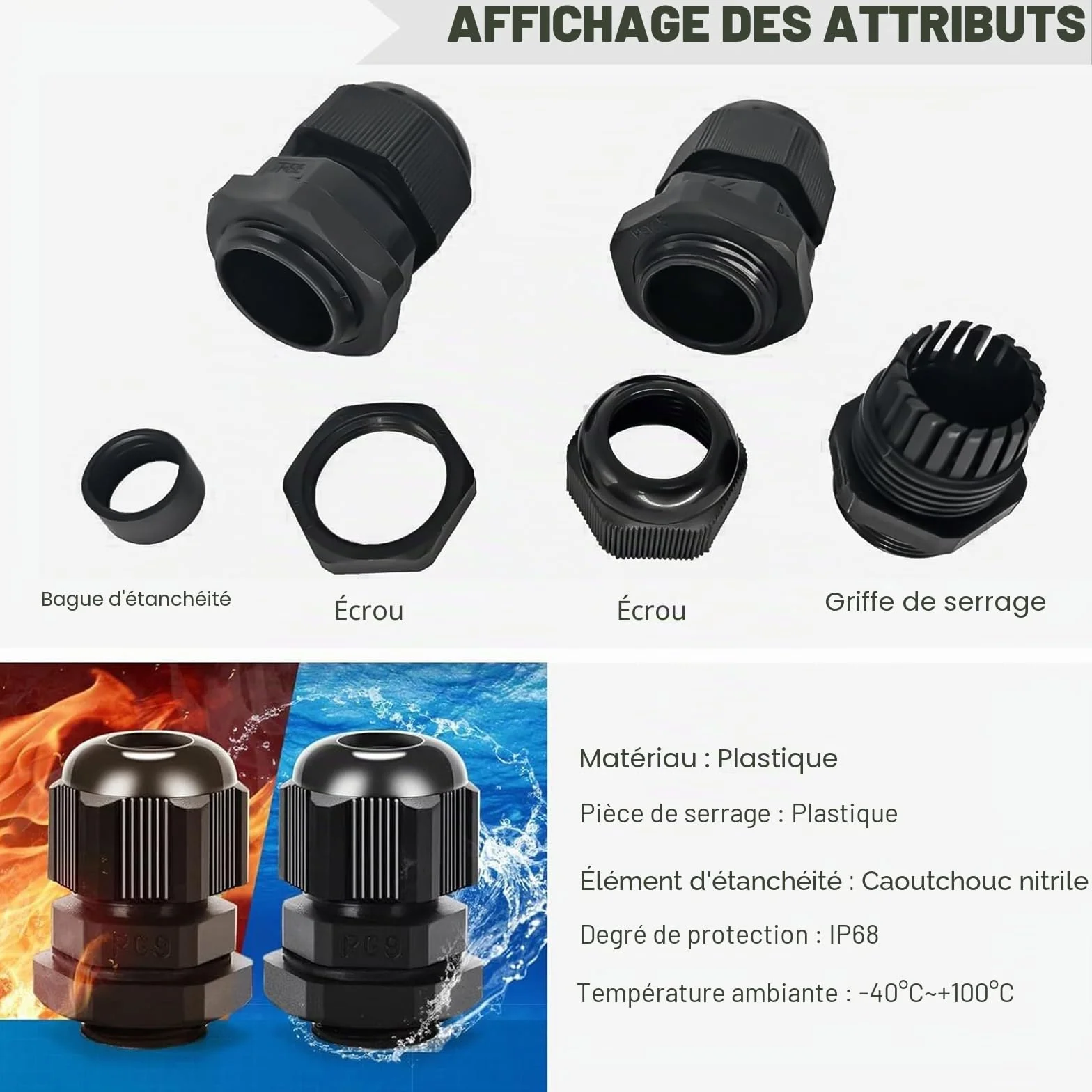 Presse-étoupes Étanches 70 Pièces PG7 PG9 PG11 PG13.5 PG16 PG19 Réglables avec Contre-écrou