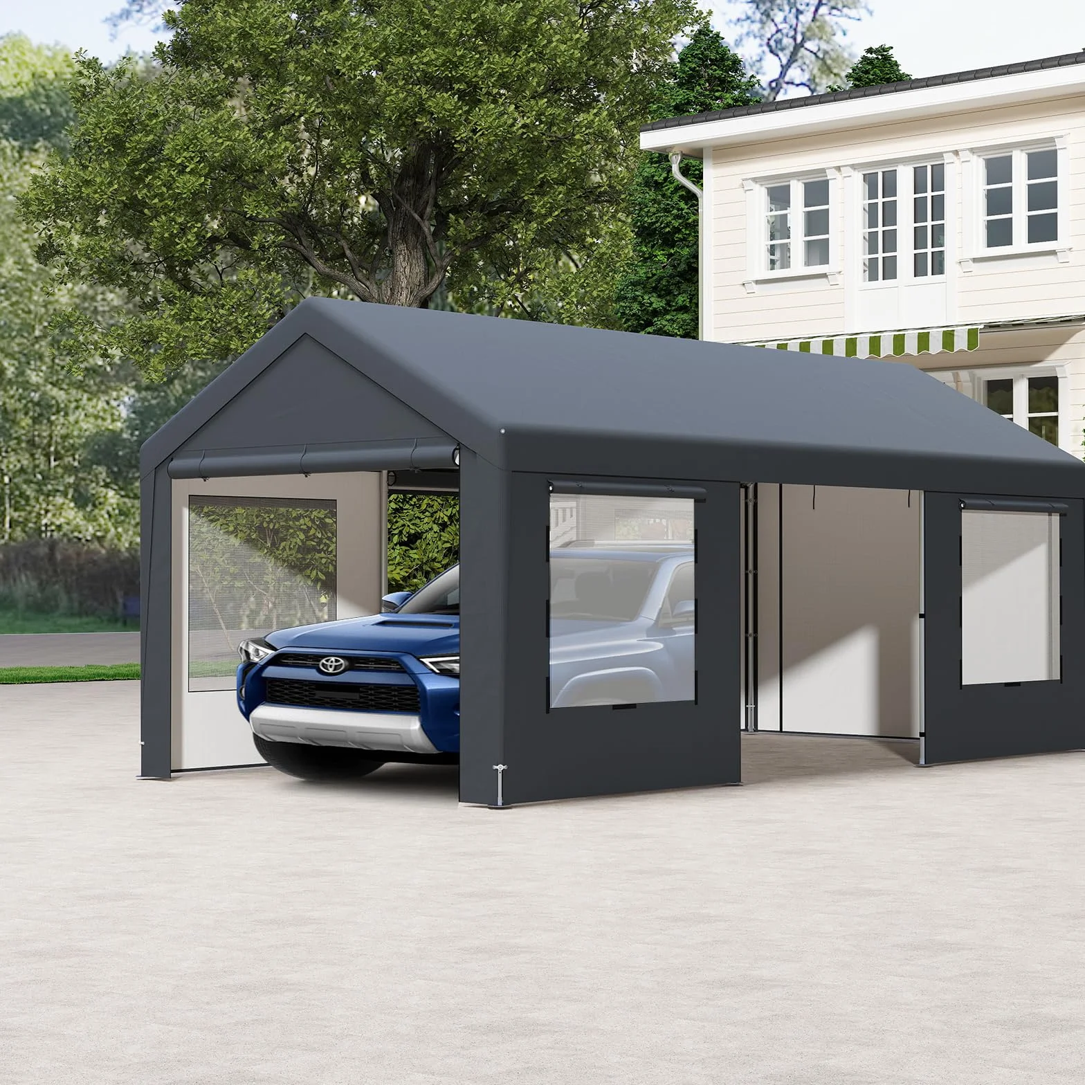 SOARS Carpot Abri Voiture 300 X 595 X 280 CM, Tente Garage, Abri Voiture Extérieur avec Cadre en Métal et Couverture PE Résistante aux intempéries, pour Fête, Voiture, Vélo, Moto, Outils, Gris
