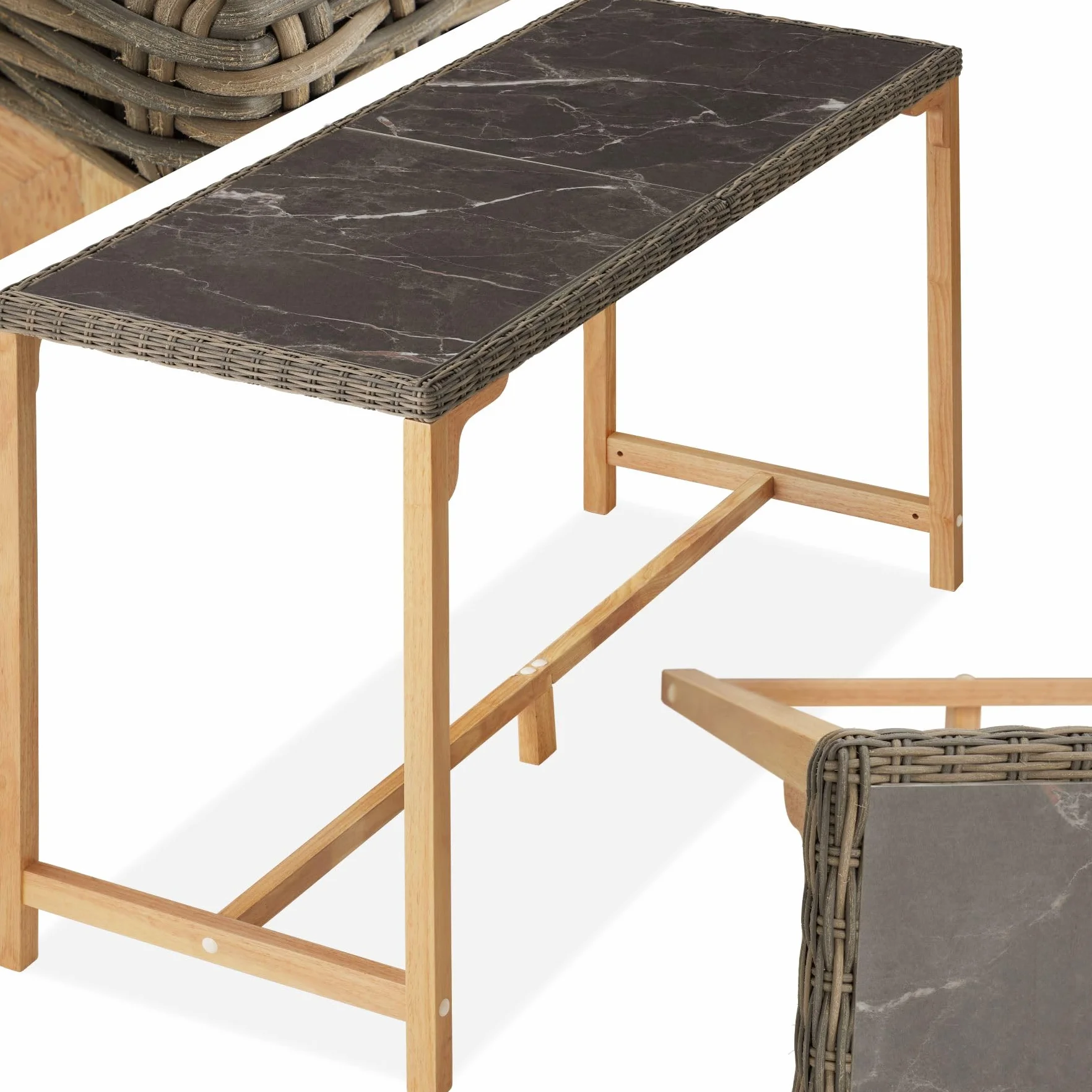 tectake® Table de Bar Haute Extérieur en Résine Tressée & Grès cérame Fin marbré Résistante aux intempéries pour Salon de Jardin, Structure en Aluminium & Bois Massif, Mobilier de Jardin