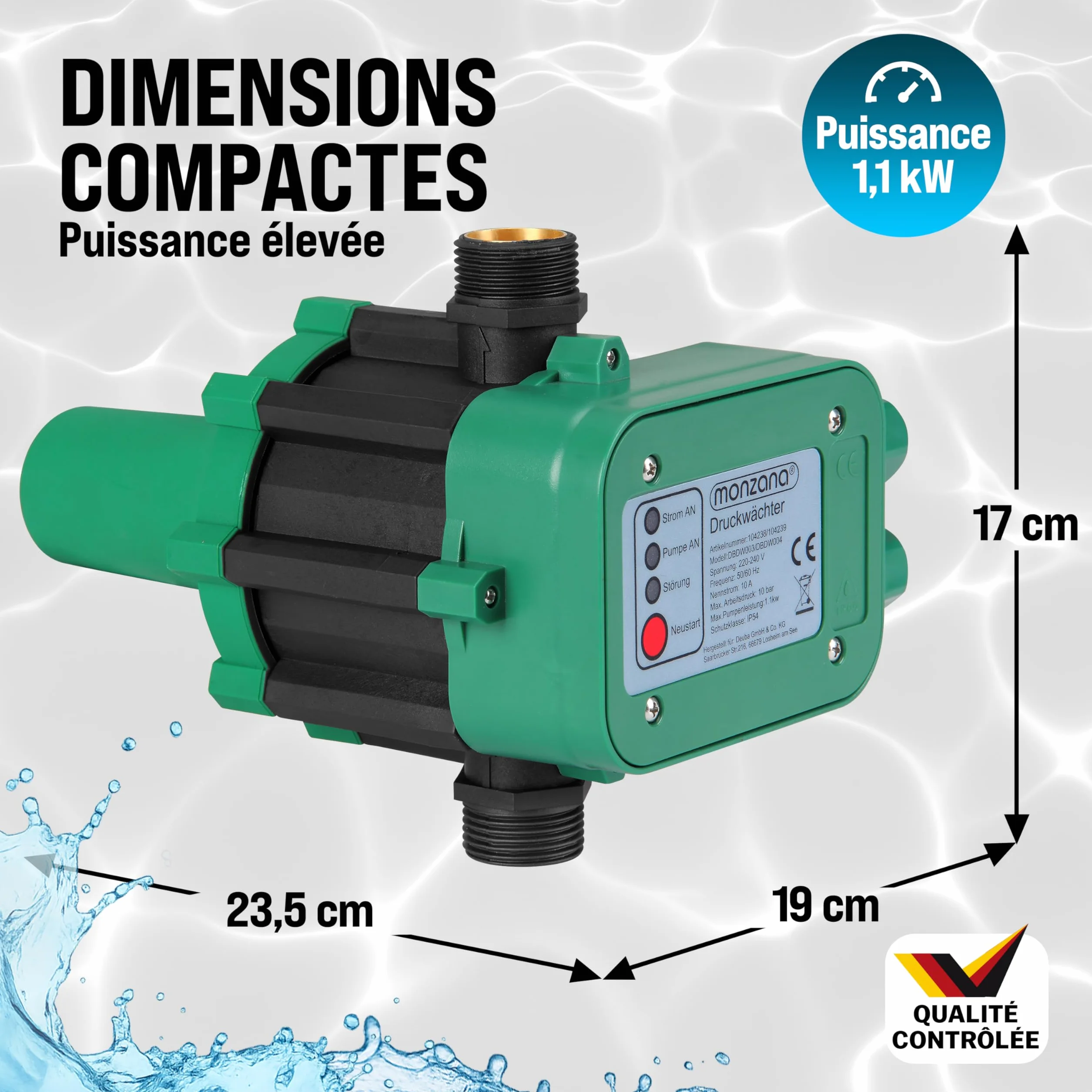 MONZANA Pressostat pompe eau 10 bar protection fonctionnement à sec contrôleur pression