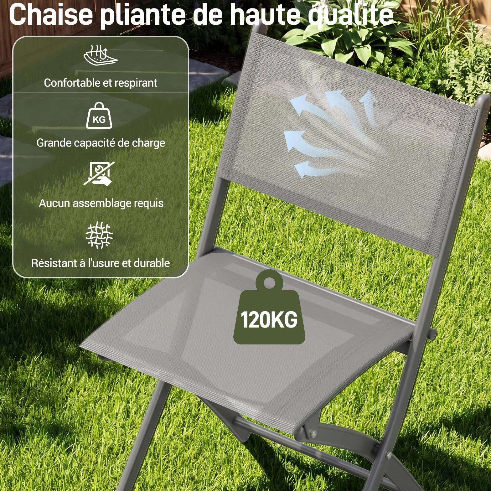 LIFERUN Ensemble Bistrot de Jardin 3 Pièces Pliantes, Table et 2 Chaises, Tissu Textilène, Gris