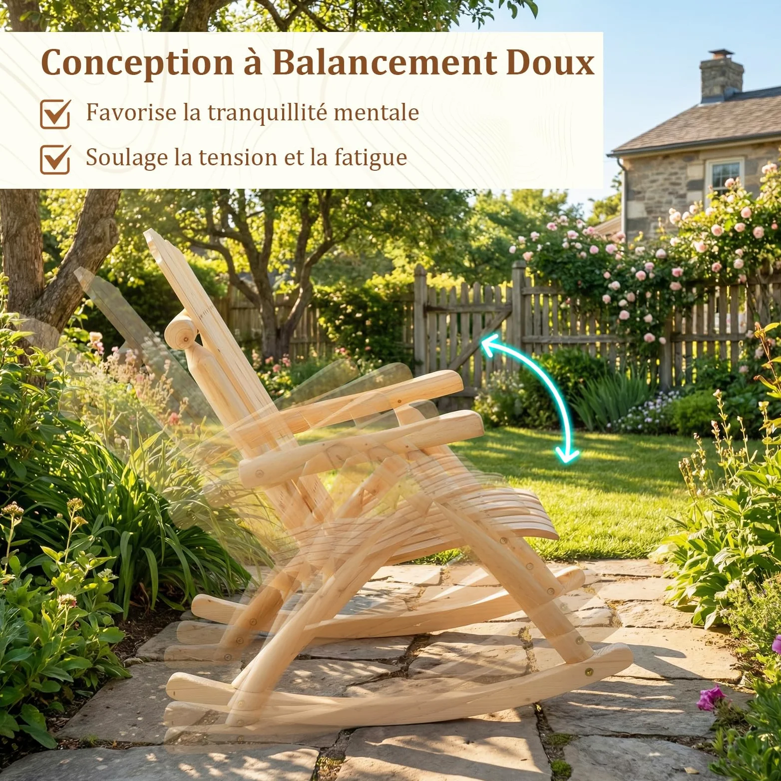 COSTWAY Fauteuil à Bascule Adirondack Exterieur Interieur, Rocking Chair en Bois Massif, Siège Incurvé, Haut Dossier Éventail, Chaise pour Jardin Terrasse Balcon, Charge 150 kg, 99 x 68 x 99 cm