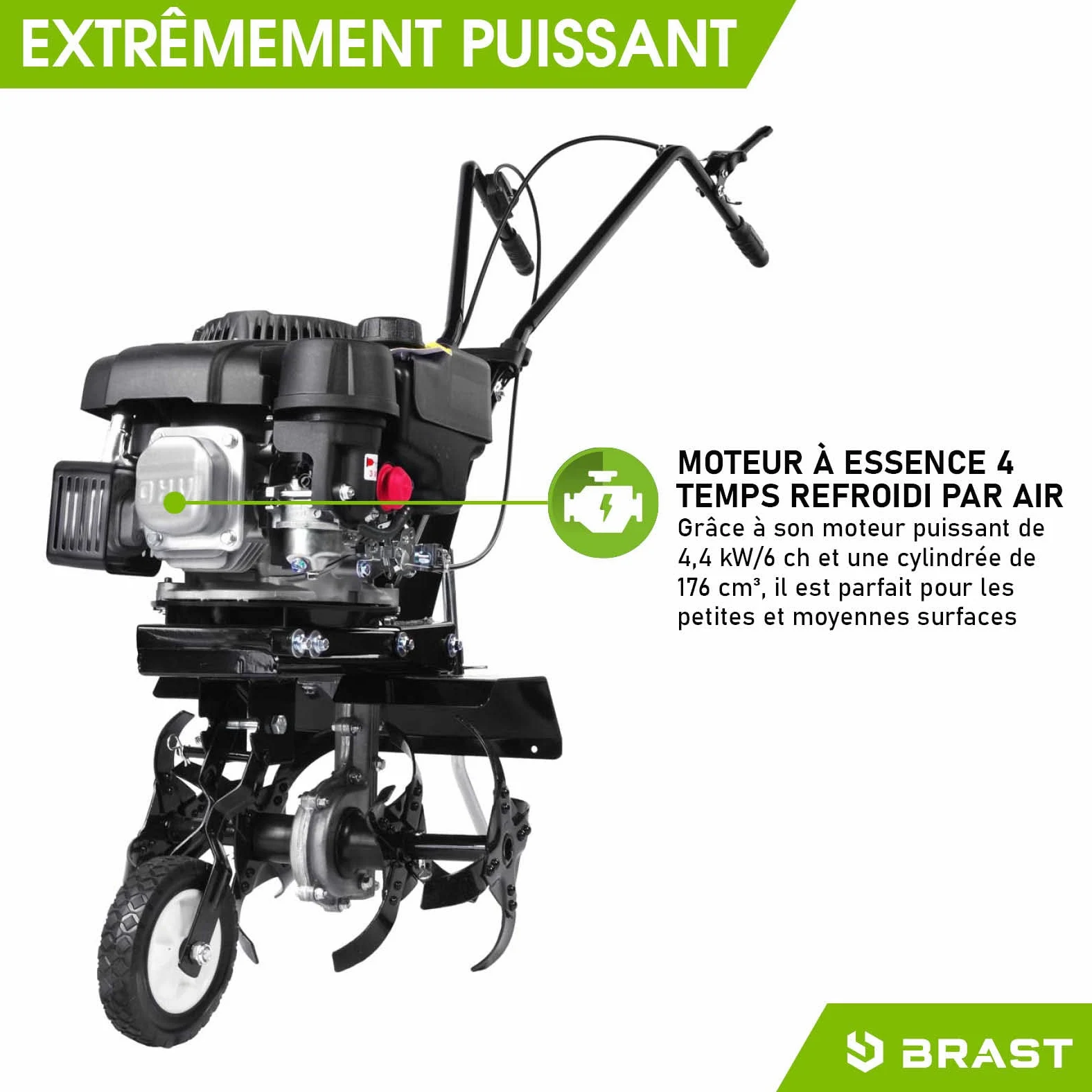 BRAST motobineuse thermique 176ccm 6CV 4,4kW largeur 36cm, profondeur 17,5-30cm 4 fraises autoconduite commutable vitesse nominale 3 600 tr/min motoculteur thermique 4 temps