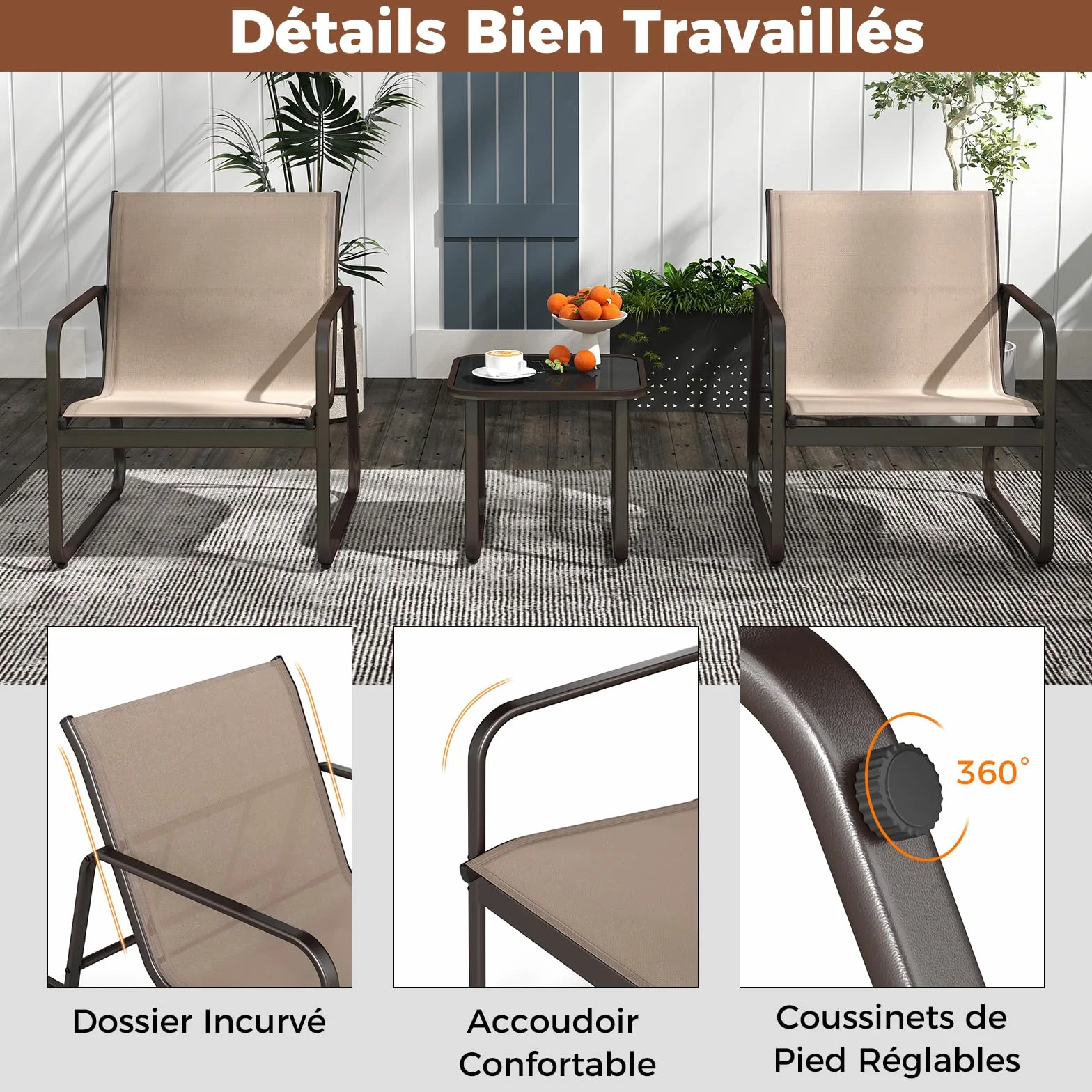GOPLUS Salon de Jardin 2 Personnes, 3 Pièces Table Basse avec 2 Fauteuils, Cadre Métallique
