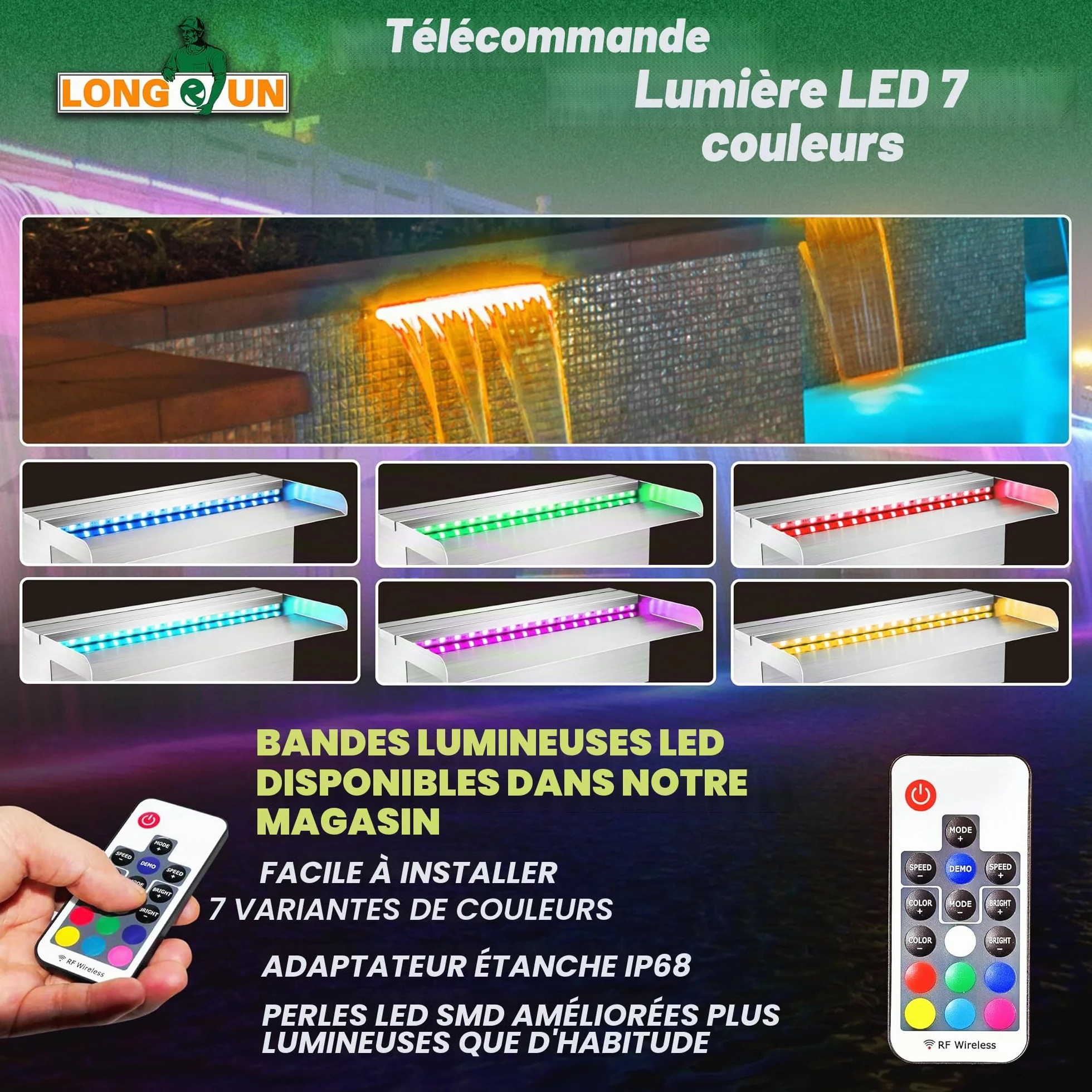 LONGRUN Cascade de Bassin 60 cm, Acier Inoxydable 304, Fontaine Piscine extérieure LED 7 Couleurs Télécommande