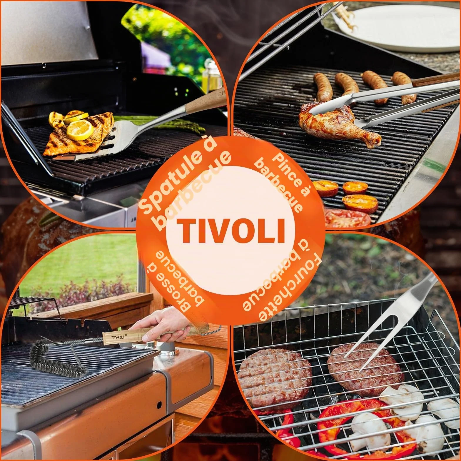 TIVOLI Lot de 4 ustensiles de barbecue en acier inoxydable avec poignées en bois