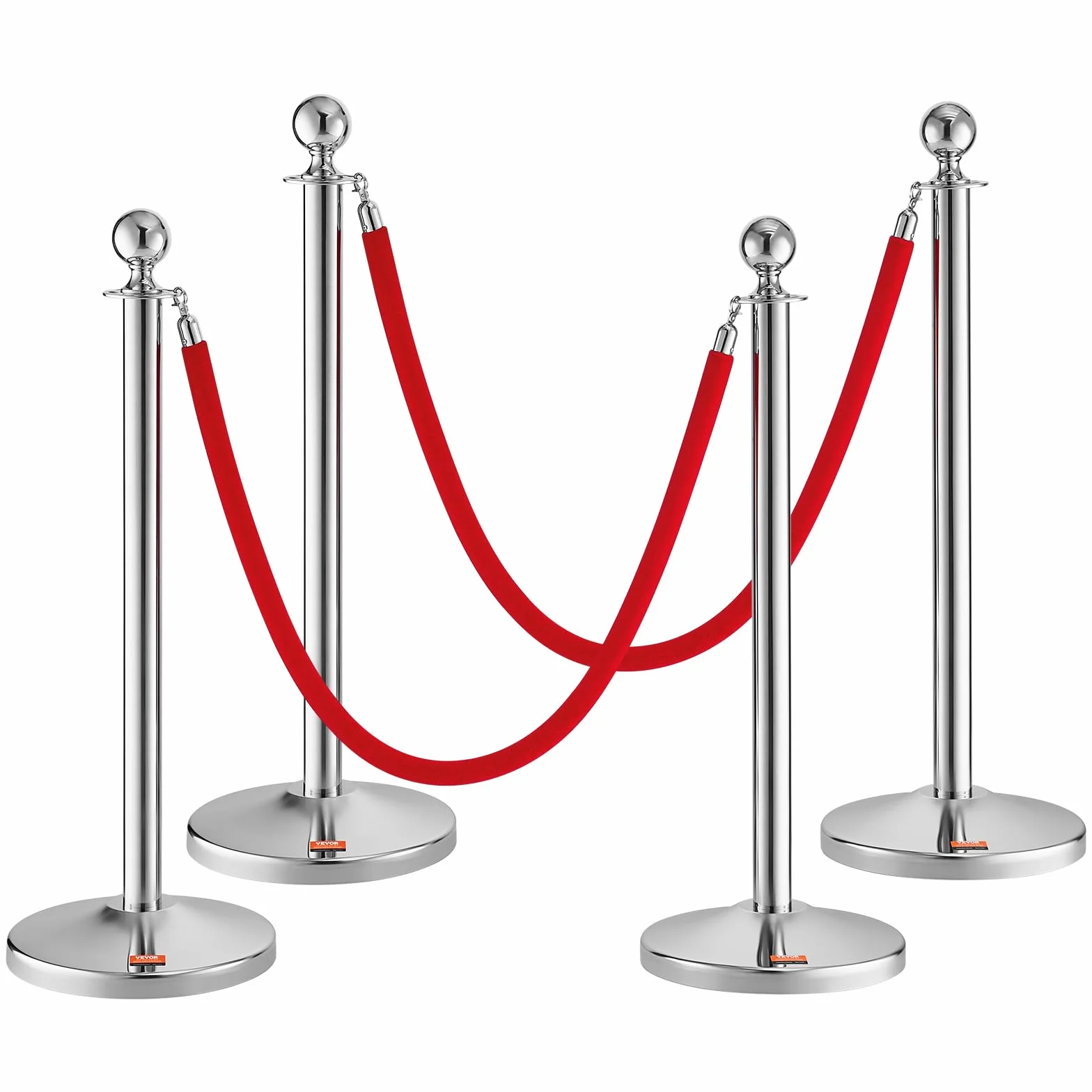 VEVOR Barrière de Balisage 4PCs 99 cm avec Cordes Velours 1,5 m pour Contrôle de Foules Argenté