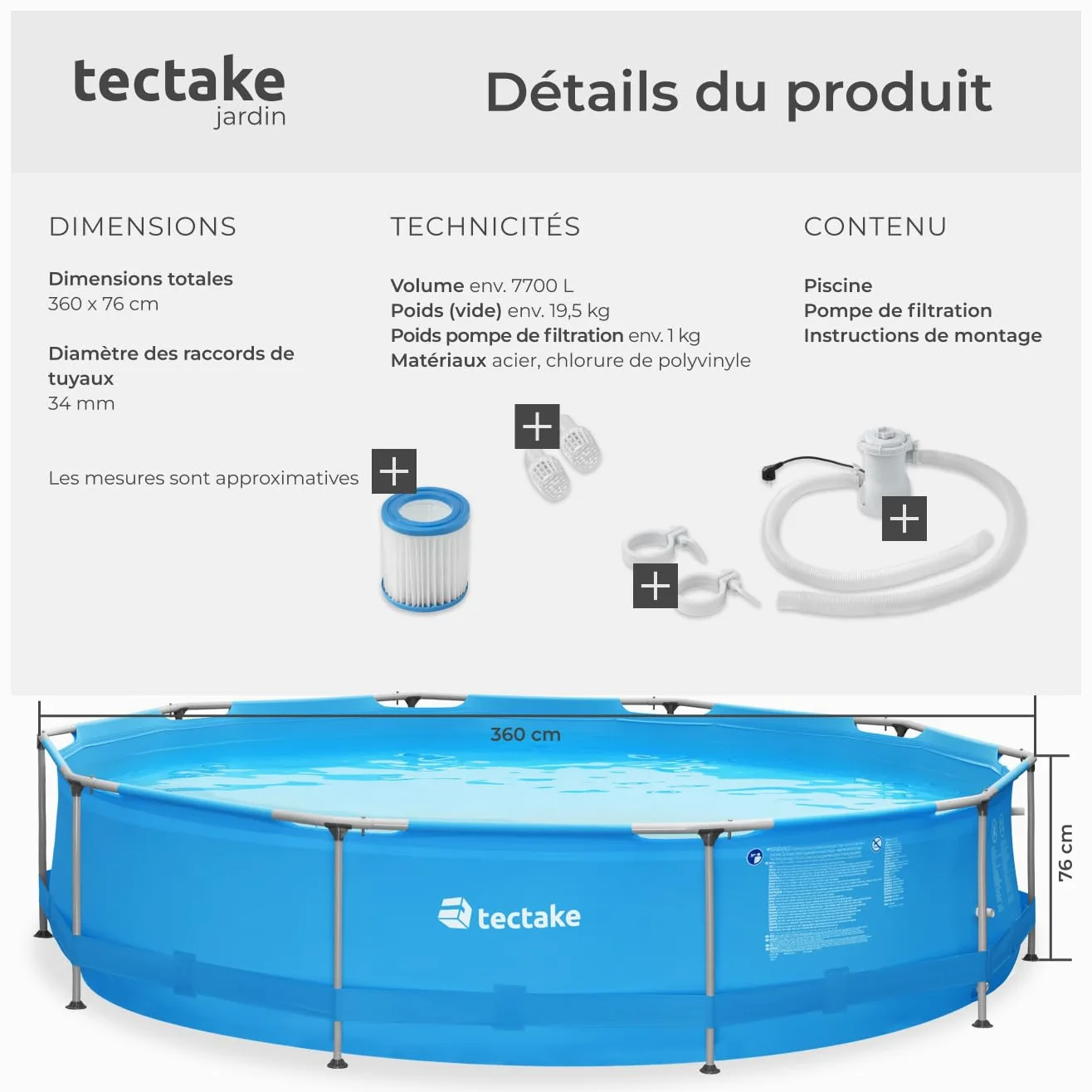 tectake® Piscine Tubulaire Ronde Piscine Hors Sol Ø360 x 76 cm Bleu, Structure en Acier, PVC Résistant aux UV & à la déchirure, avec Pompe Piscine à Filtre, Montage & démontage Facile