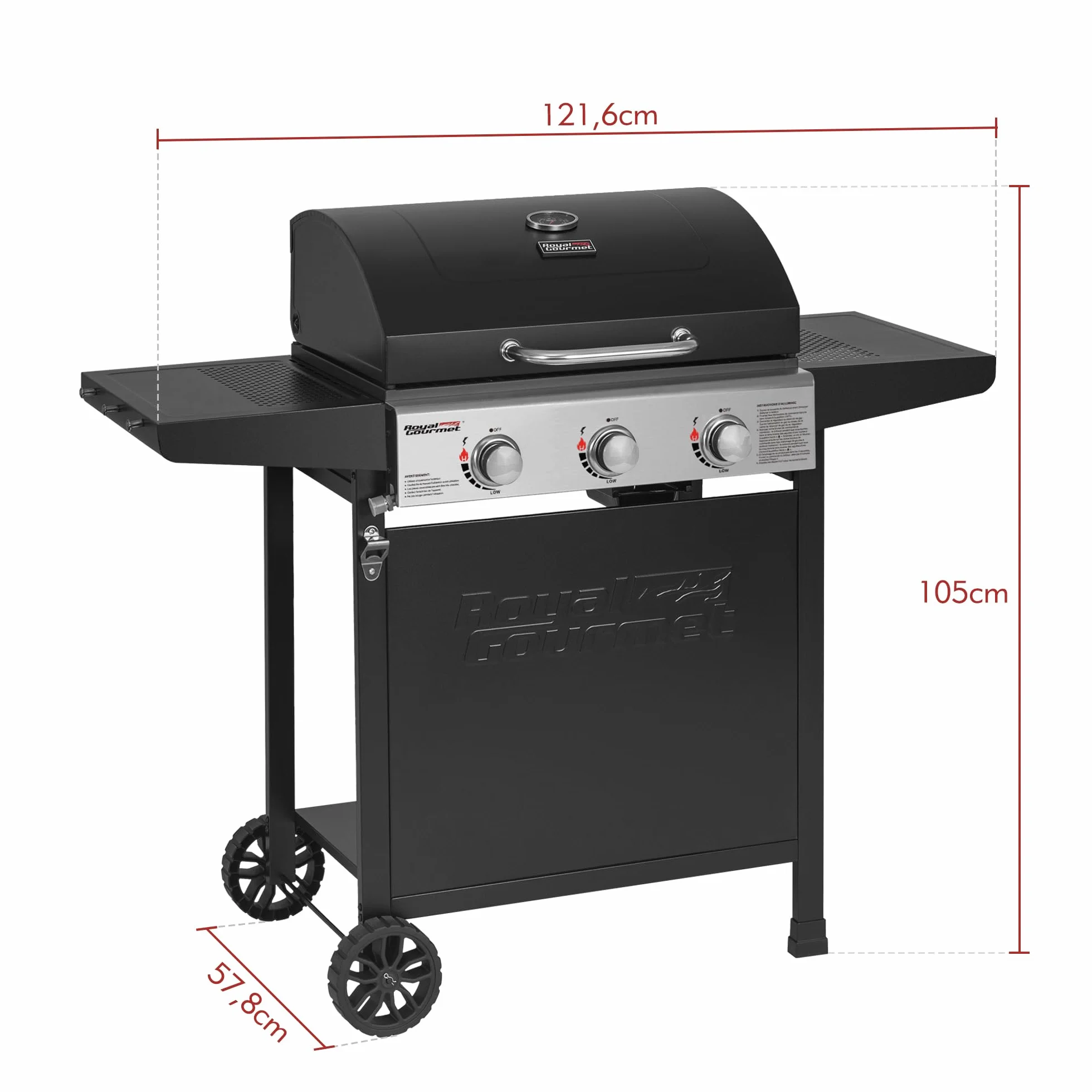 Royal Gourmet Barbecue Gaz sur Chariot, 3 Brûleurs BBQ Gaz avec Capot, Puissance 9kW Propane, 2 Grilles en Émaillée, 2 Table Latérales, Thermomètre Intégré, Adapté pour Jardin et Camping