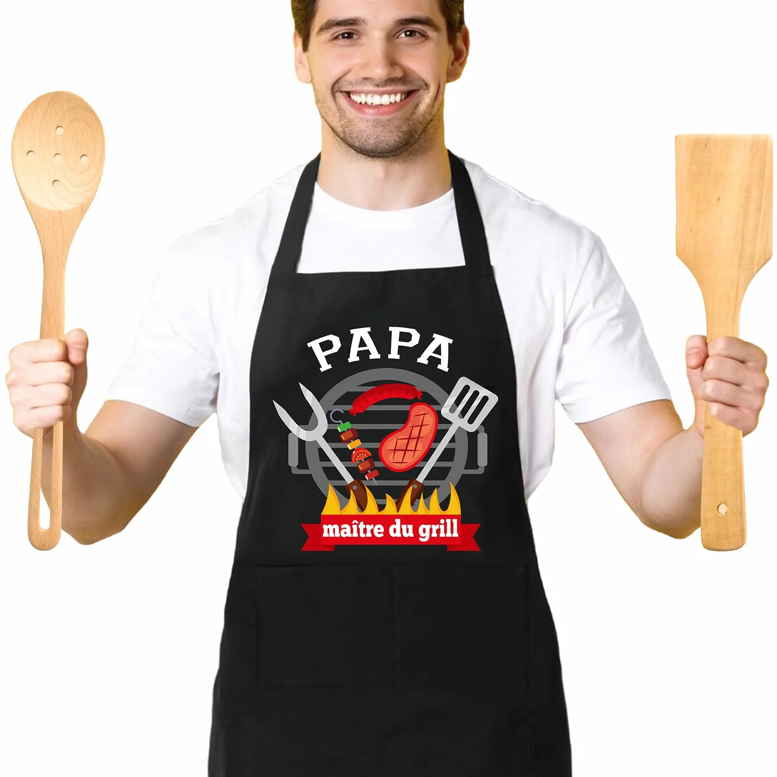 Tablier Cuisine Personnalisé Homme, Tablier Professionnel Rigolo Humour Bbq Barbecue Coton Noir Réglable, Tablier de Cuisine Cadeau Fete Des Peres Saint Papa Noel Valentin