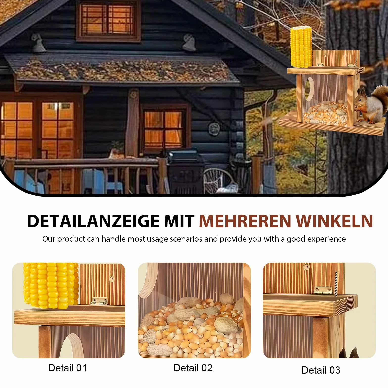Mangeoire en bois pour écureuils - Station d'alimentation pour écureuils - Résistant aux intempéries - Avec 2 entrées et plateformes de siège - Maison pour écureuils
