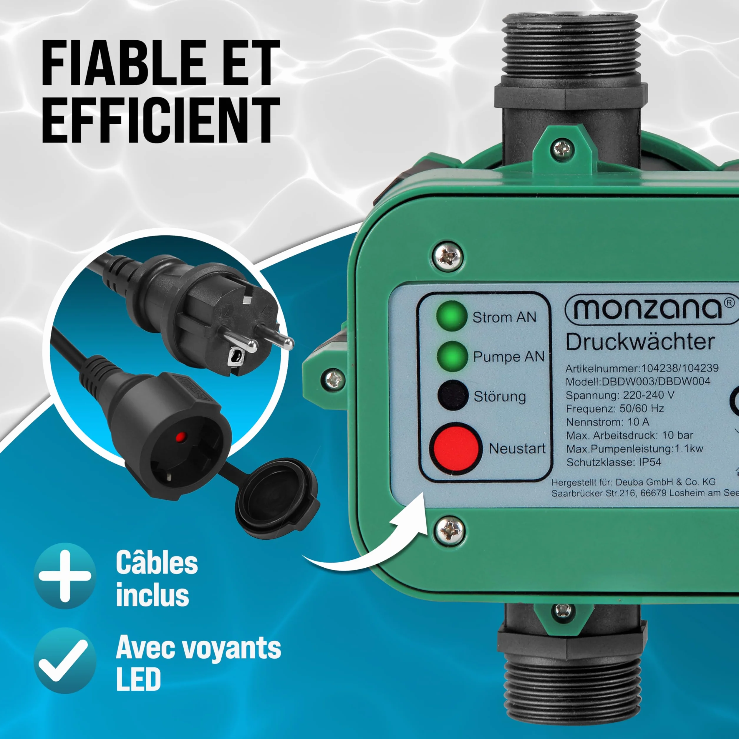 MONZANA Pressostat pompe eau 10 bar protection fonctionnement à sec contrôleur pression