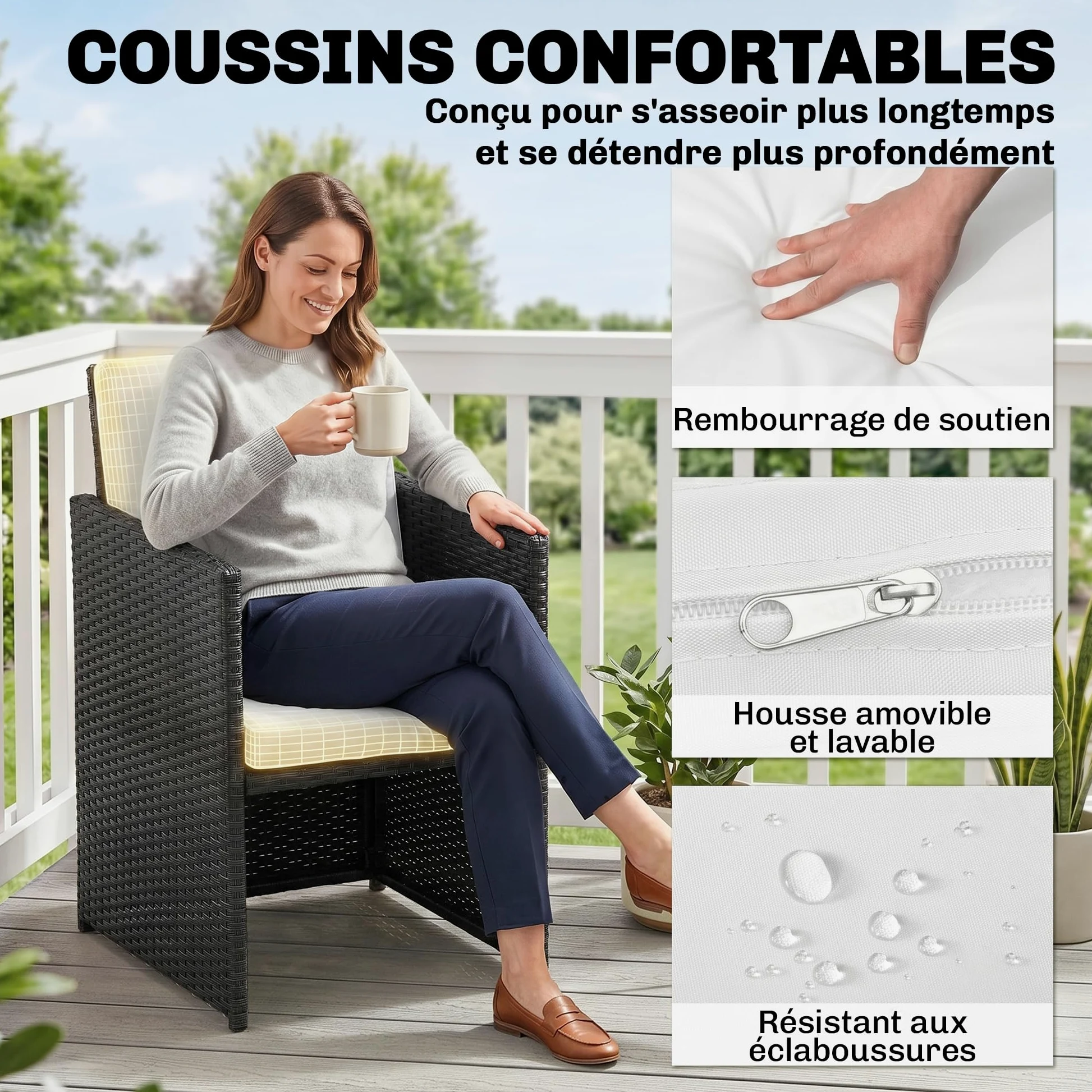 Outsunny Ensemble Salon de Jardin encastrable 8 Personnes 9 pièces résine tressée 4 Fils Imitation rotin Noir Coussins déhoussables crème