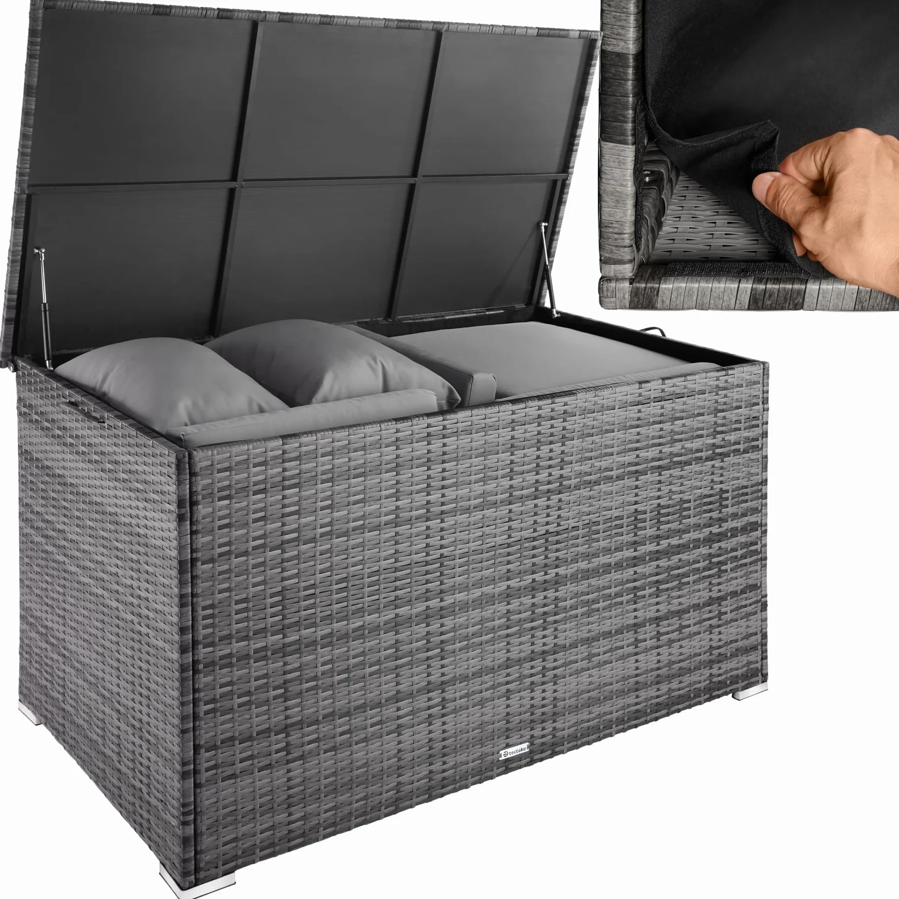 tectake® Coffre de jardin Exterieur, Coffre à Coussins 750 L en Aluminium Polyrotin 145 x 82,5 x 79,5 cm, Couvercle Rabattable, Poignées pour Rangement des Outils de Jardin, Jouets