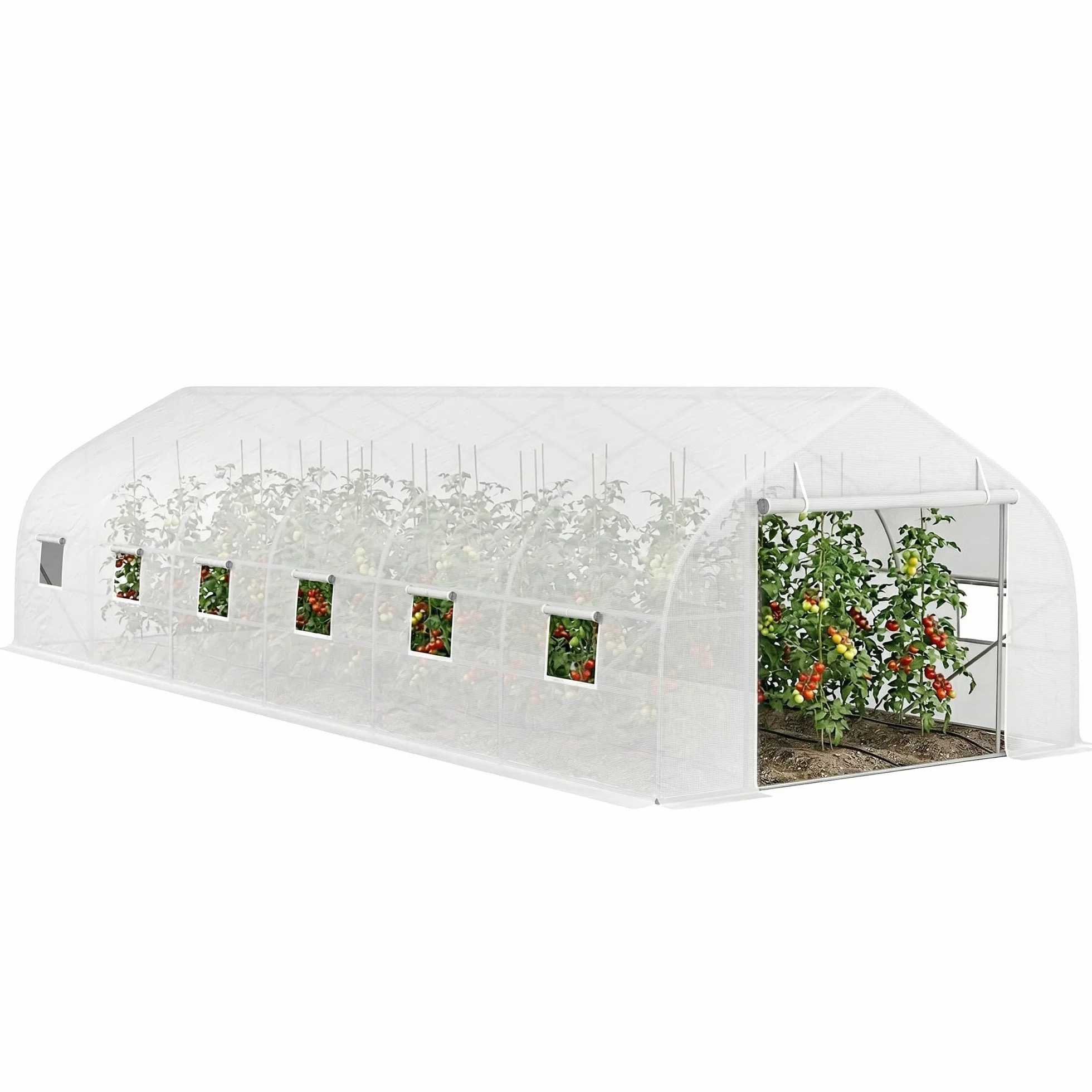 Outsunny Serre de Jardin Tunnel 24 ㎡ Grande Taille 8 x 3 x 2 m avec bâche PE Cadre en Acier galvanisé Ø 24 mm Porte Enroulable et 12 fenêtres Blanc
