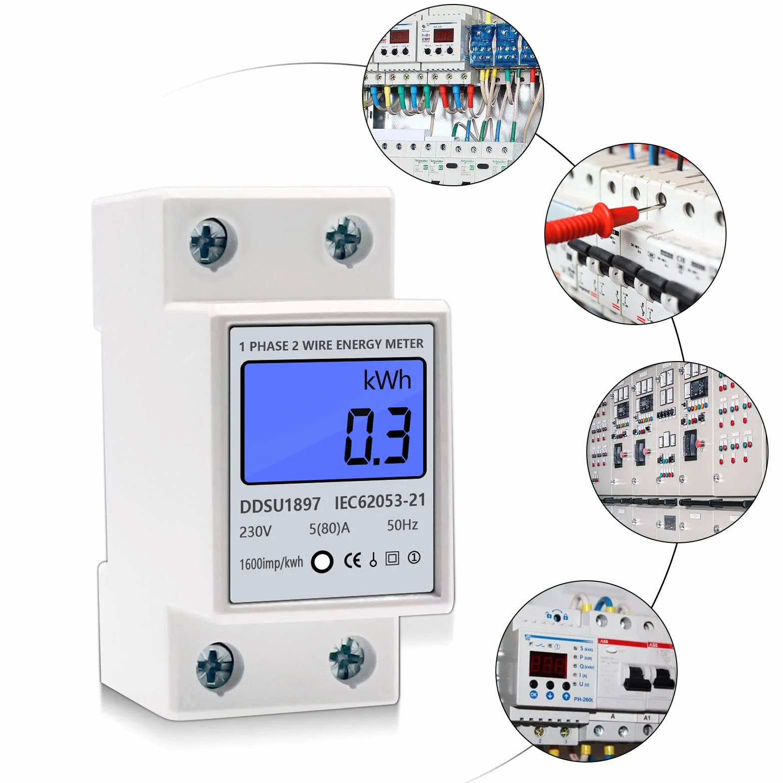 Compteur Électrique Monophasé 5(80) A 230V Écran LCD Rail DIN