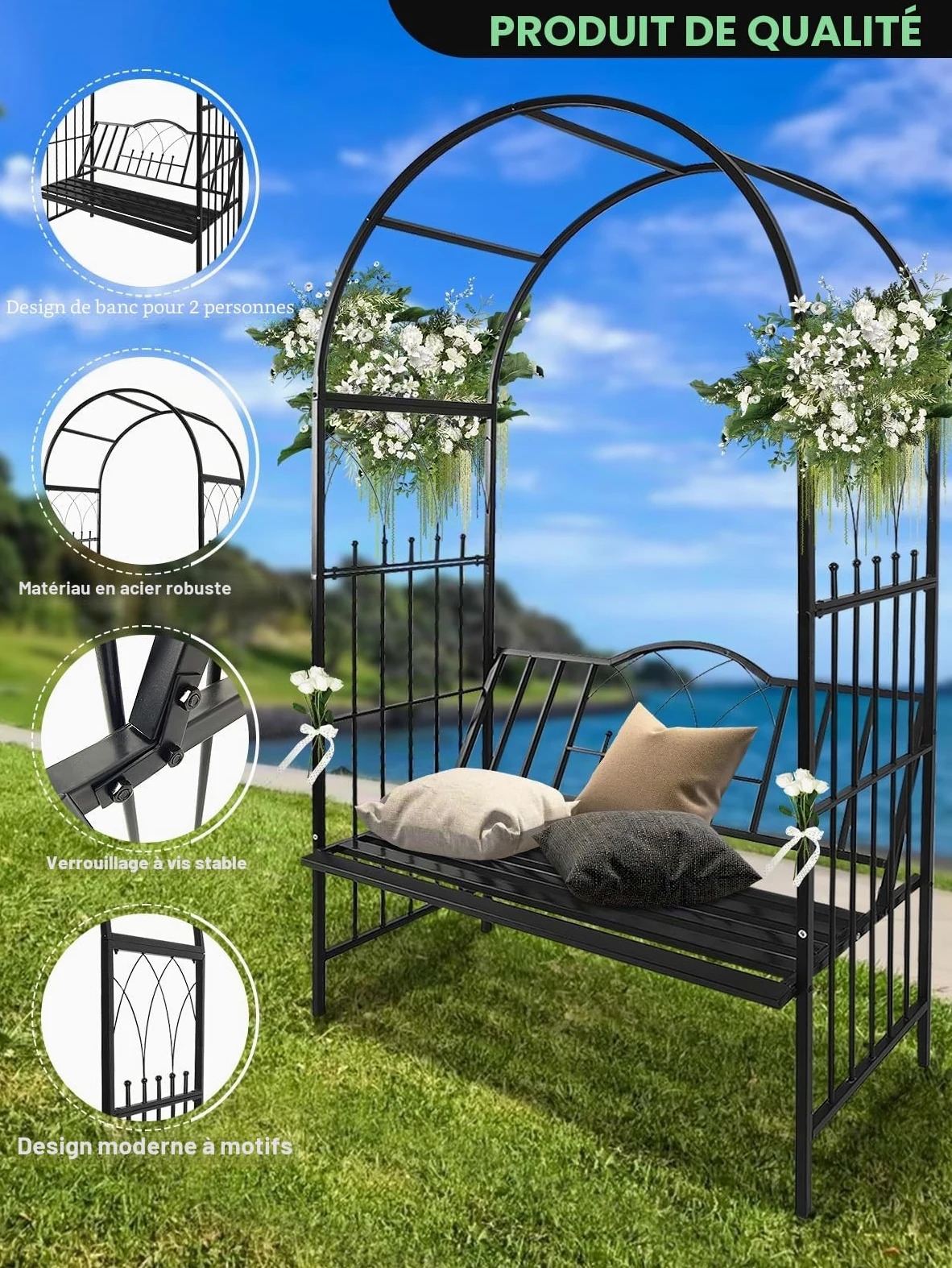 Kalolary Tonnelle Jardin Robuste en Métal avec Banc, Siège pour Plante Grimpante et Support d'Escalade pour Vignes et Fleur, Pavillon Arc de Jardin pour Extérieur