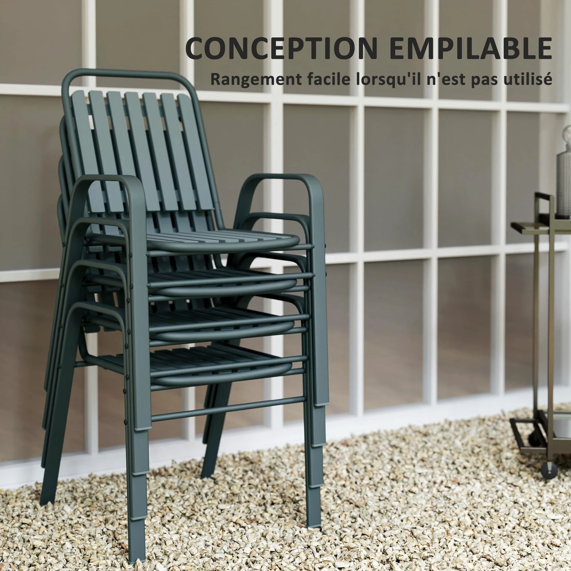 Outsunny Lot de 4 chaises de Jardin chaises empilables d'extérieur avec Haut Dossier et accoudoirs, Cadre en Acier pour Jardin, Piscine, terrasse, Gris
