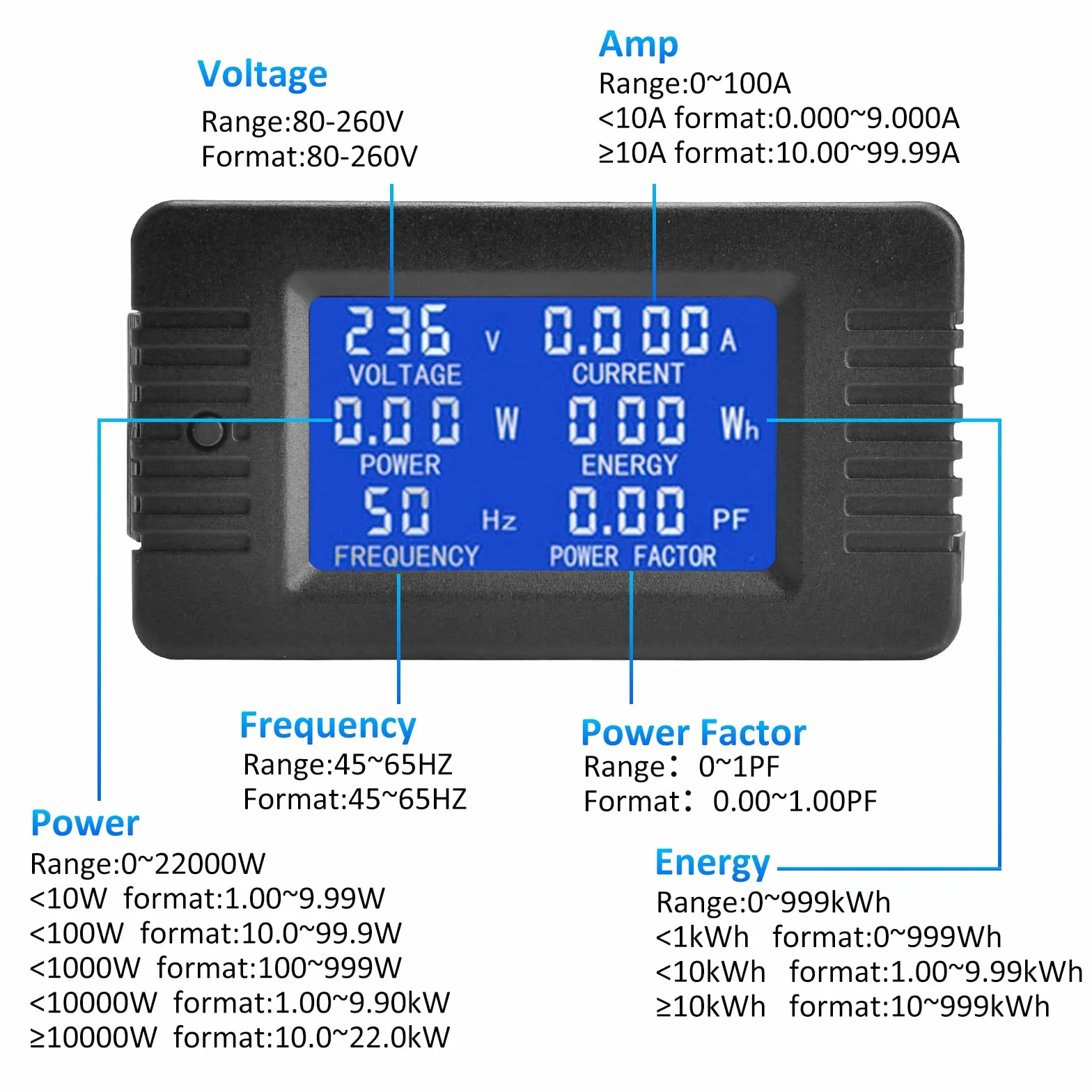 Aideepen LCD Ampèremètre Numérique Voltmètre AC 80-260V 100A, Compteur De Puissance 6-en-1 Panneau De Compteur D'électricité