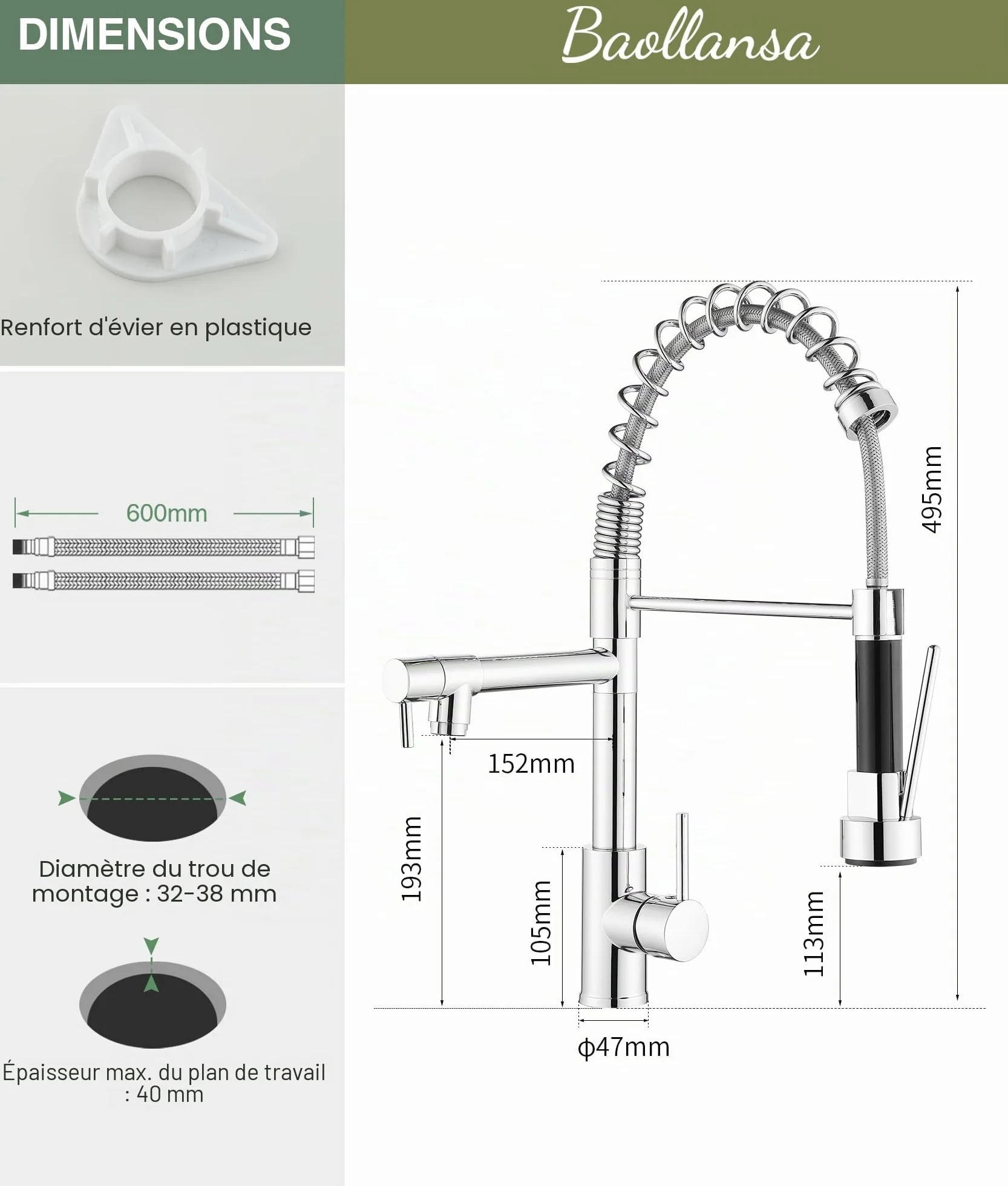 Robinet de cuisine avec douchette extractible pivotant 360° mitigeur haute pression acier inoxydable