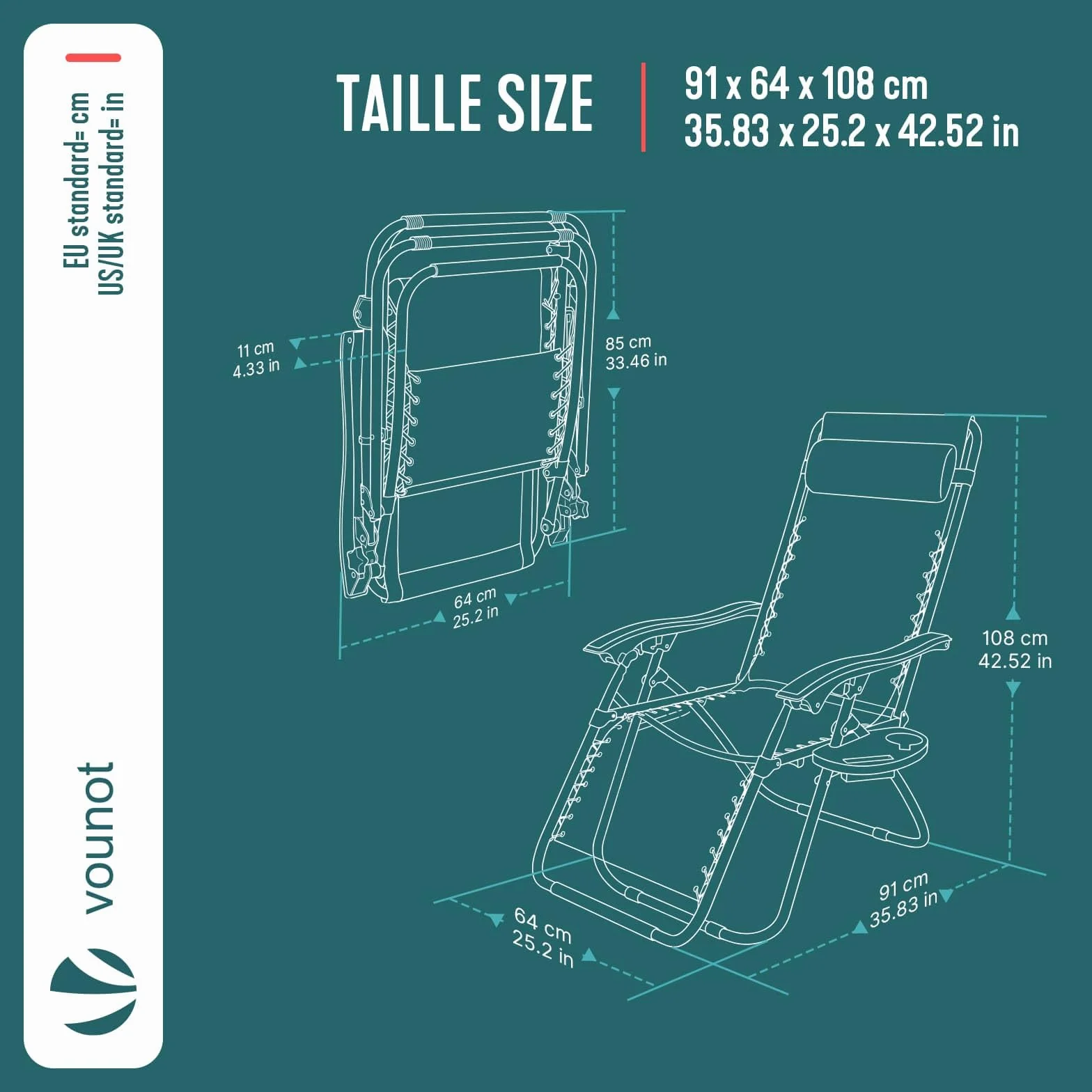 Chaise Longue Pliable Lot de 2 avec Support de Gobelet Amovible Rembourrage de Tête Charge Max 120KG Gris