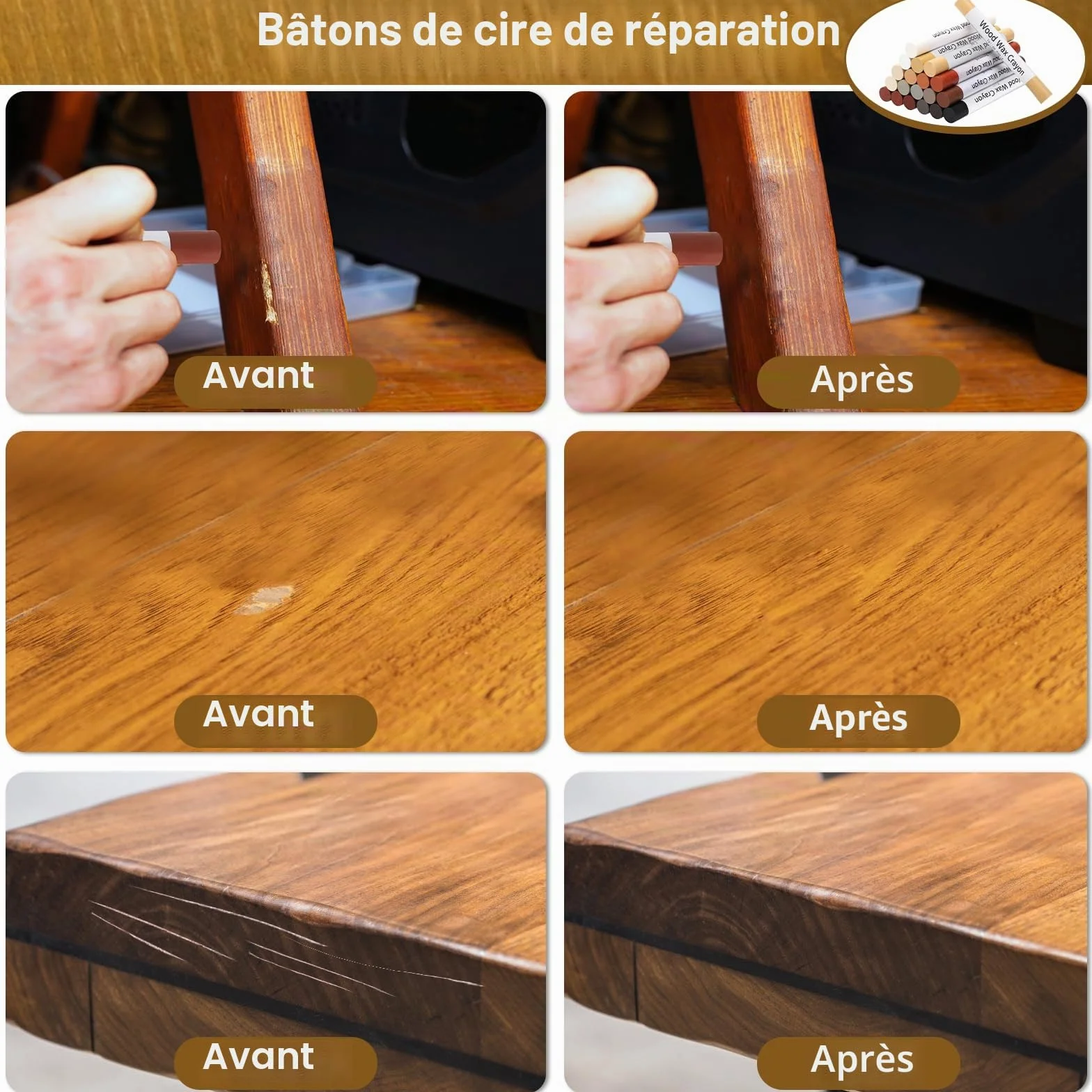 Kit de réparation de meubles 20 couleurs bâtons de cire douce pour taches rayures sols tables