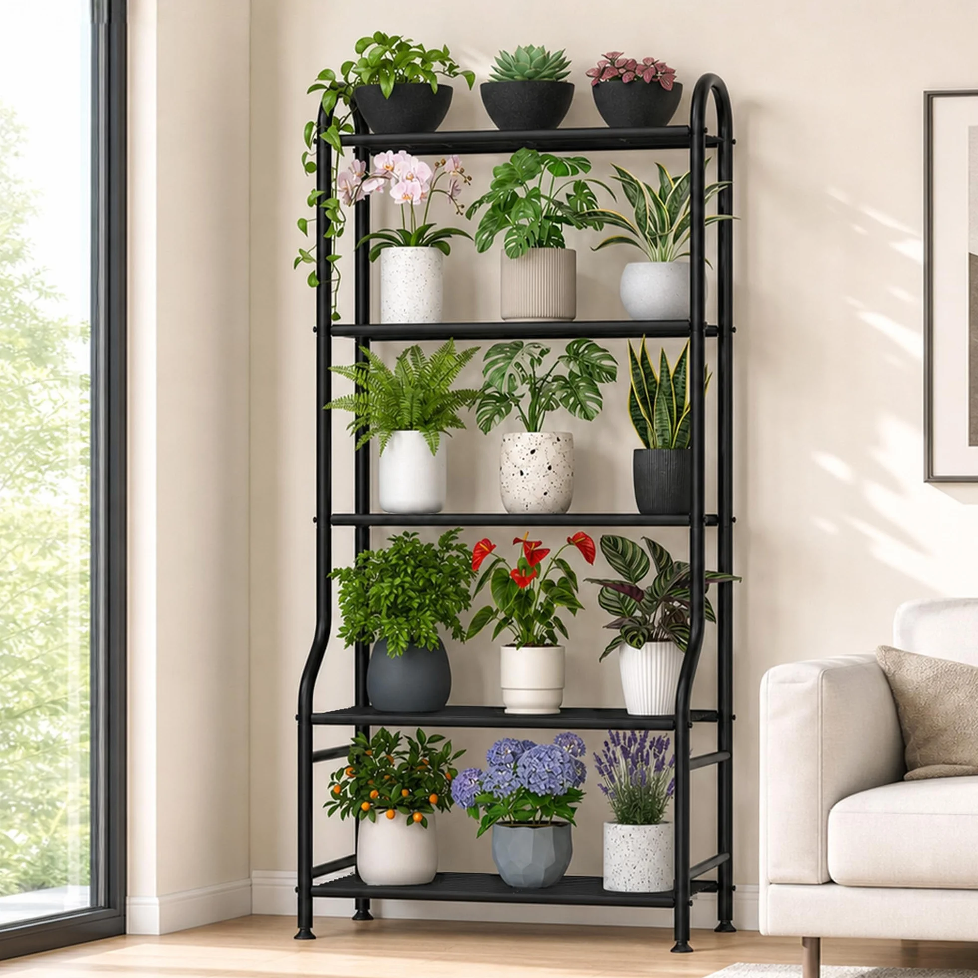 Support en métal pour plantes 5 niveaux 165 cm étagère verticale robuste avec pieds réglables