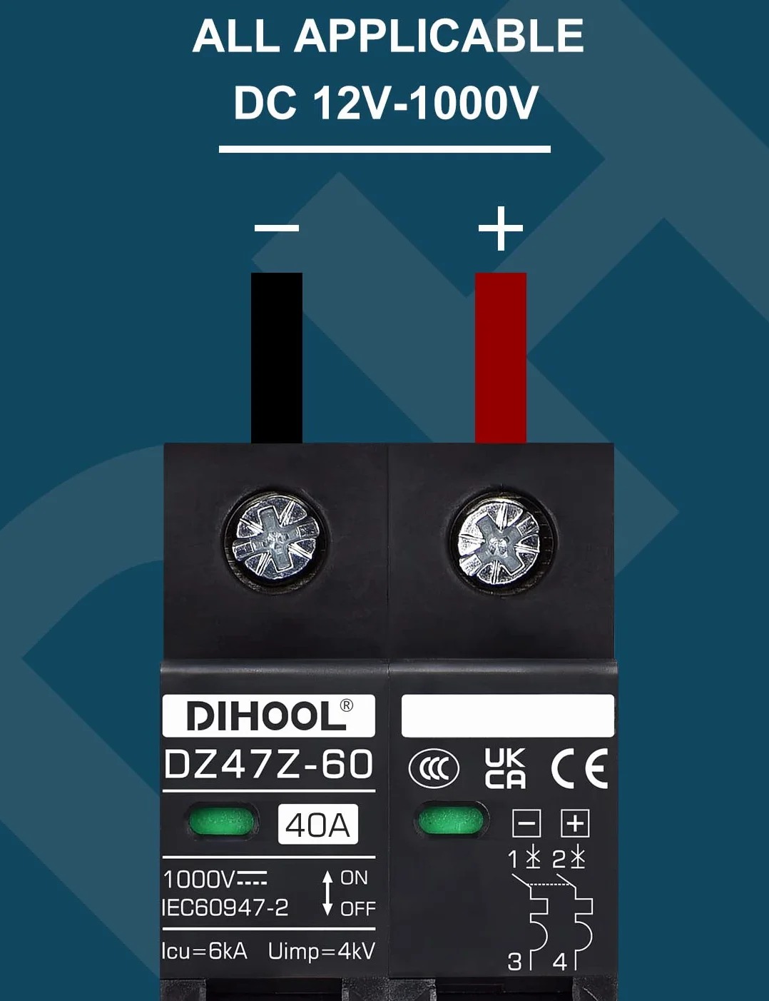 DIHOOL DC disjoncteur 1000VDC solaire PV photovoltaïque automatique 2 pôles 40 ampères