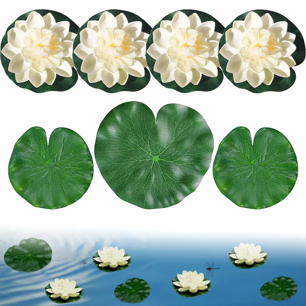 Lot de 7 fleurs de lotus artificielles flottantes pour décoration d'étang, feuillage et fleur en mousse pour étang, terrasse, jardin, piscine, aquarium, 2 styles