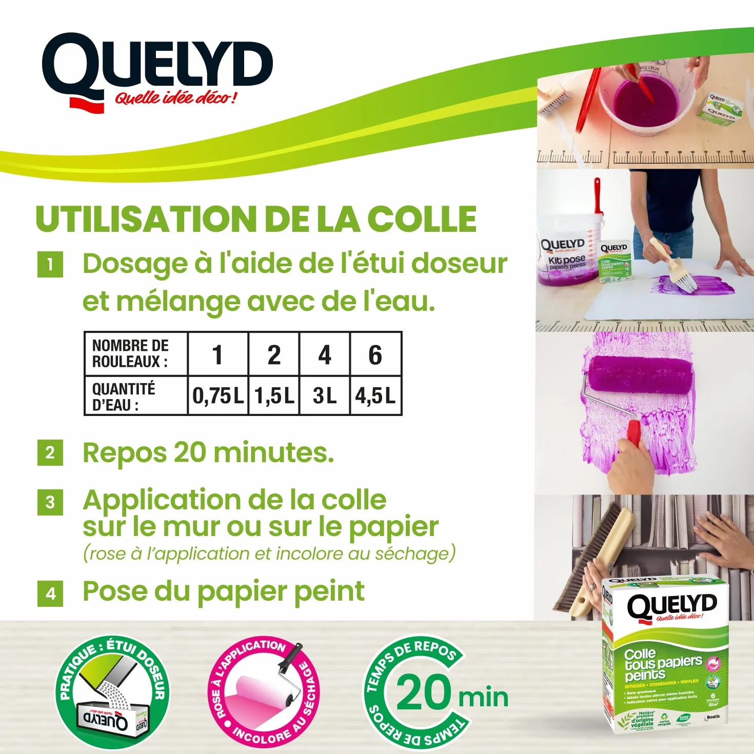 Quelyd Colle Tous Papiers Peints Indicateur Coloré 300 g 6 Rouleaux 32 m²