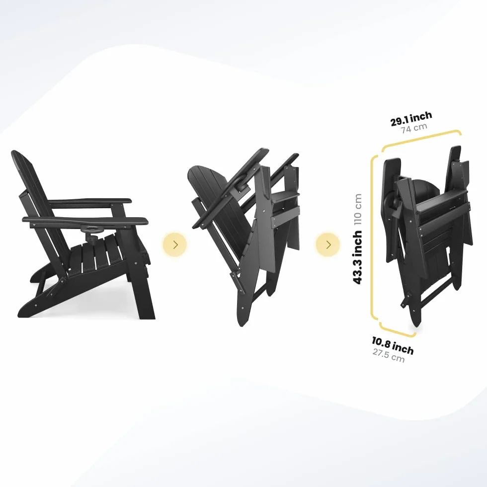 Fauteuil Adirondack pliant Sleek Space pour jardin, patio ou terrasse - Accoudoirs et porte-gobelet - Légère, résistante - Meubles d'extérieur élégants et durables pour terrasse, plage, piscine (Noir)
